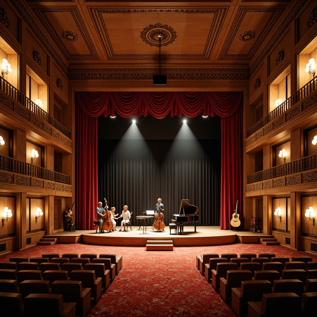 Prompt: Intimate traditional performing arts center, ornate wooden stage, velvet curtains, rich red carpeting, intricate moldings, acoustic panels, sound-absorbing materials, warm golden lighting, elegant chandeliers, decorative ceiling treatments, plush seating areas, rustic wooden walls, vintage musical instruments, refined architectural details, soft natural textures, subtle color palette, 1/2 composition, warm atmospheric lighting, shallow depth of field.