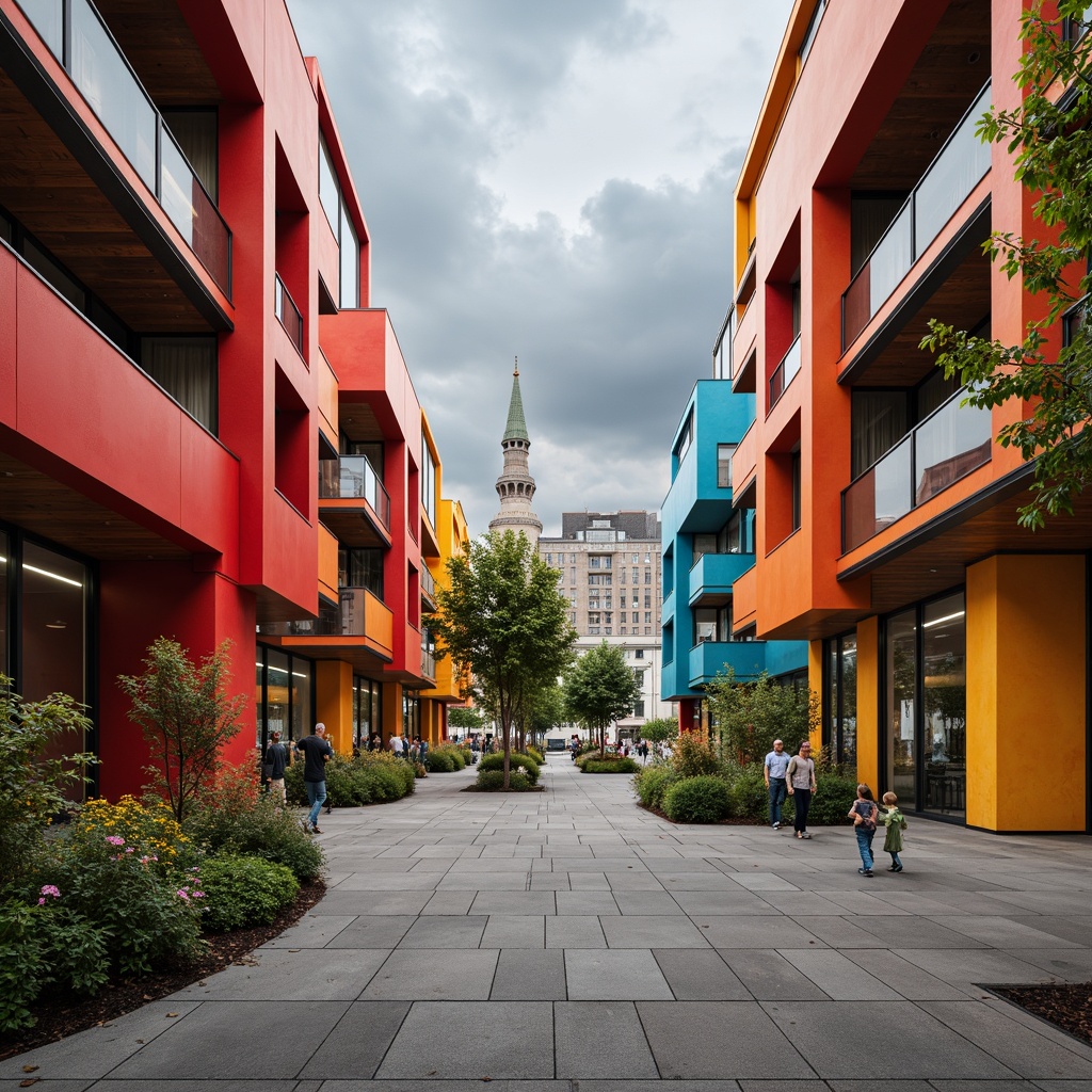 Prompt: Vibrant Bauhaus architecture, primary color schemes, bold geometric shapes, industrial materials, exposed ductwork, functional minimalism, steel beams, concrete floors, wooden accents, rectangular windows, asymmetrical compositions, dynamic typography, urban cityscape, cloudy skies, dramatic shadows, high contrast lighting, 1/2 composition, shallow depth of field, realistic textures.