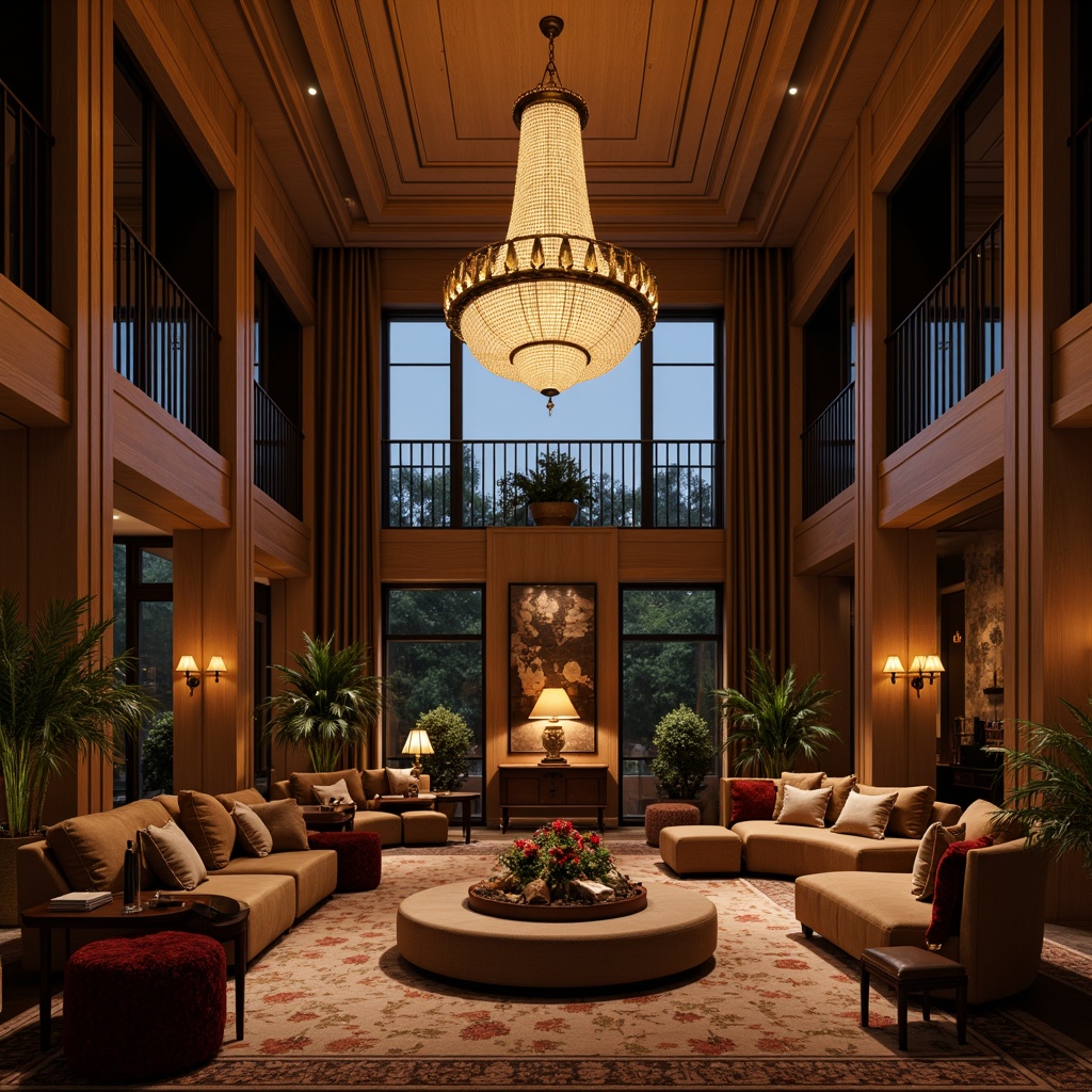 Prompt: Sophisticated chandelier, warm soft glow, elegant candelabras, luxurious fabrics, rich wood tones, ornate metal fixtures, subtle LED lights, ambient dimming, cozy reading nooks, plush furnishings, velvety textures, refined color palette, sophisticated architecture, grand high ceilings, expansive windows, natural daylight, serene atmosphere, relaxing ambiance, 1/2 composition, shallow depth of field, warm golden lighting, realistic shadows, intricate patterns.