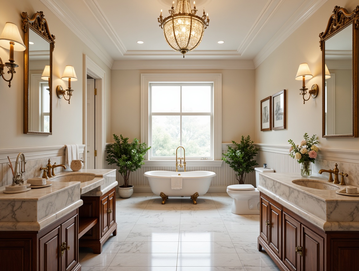 Prompt: Luxurious bathroom, intricately carved marble countertops, ornate gold fixtures, crystal chandelier, soft warm lighting, rich wood cabinetry, vintage-inspired faucets, freestanding tub, white Carrara marble flooring, elegant wall sconces, decorative mirrors, classic pedestal sink, subtle ornamental moldings, creamy neutral color palette, natural stone accents, serene ambiance, shallow depth of field, 3/4 composition, realistic textures, ambient occlusion.