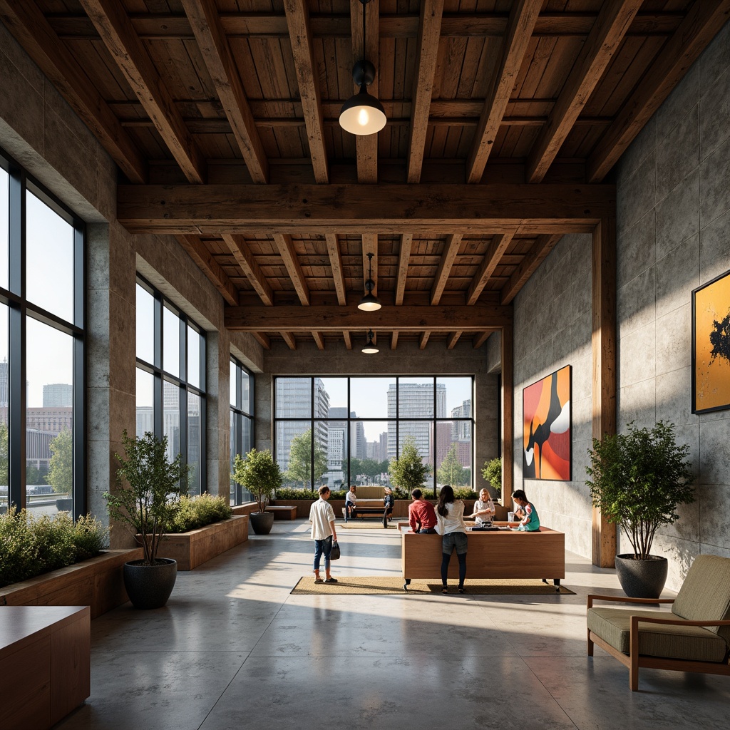 Prompt: Rustic bank interior, exposed wooden beams, industrial metal trusses, reclaimed wood accents, polished concrete floors, minimalist decor, modern steel fixtures, urban loft atmosphere, natural stone walls, large glass windows, abstract artwork, moody lighting, shallow depth of field, 2/3 composition, cinematic view, realistic textures, ambient occlusion.