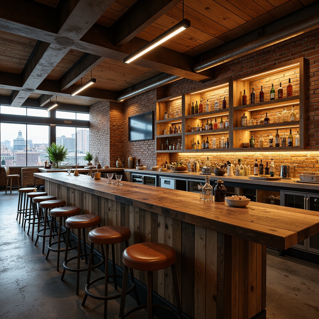 Prompt: Rustic wooden bar counter, industrial metal stools, exposed brick walls, reclaimed wood accents, vintage factory lighting, distressed leather upholstery, metallic pipes, concrete floors, urban cityscape views, warm golden lighting, shallow depth of field, 2/3 composition, realistic textures, ambient occlusion.