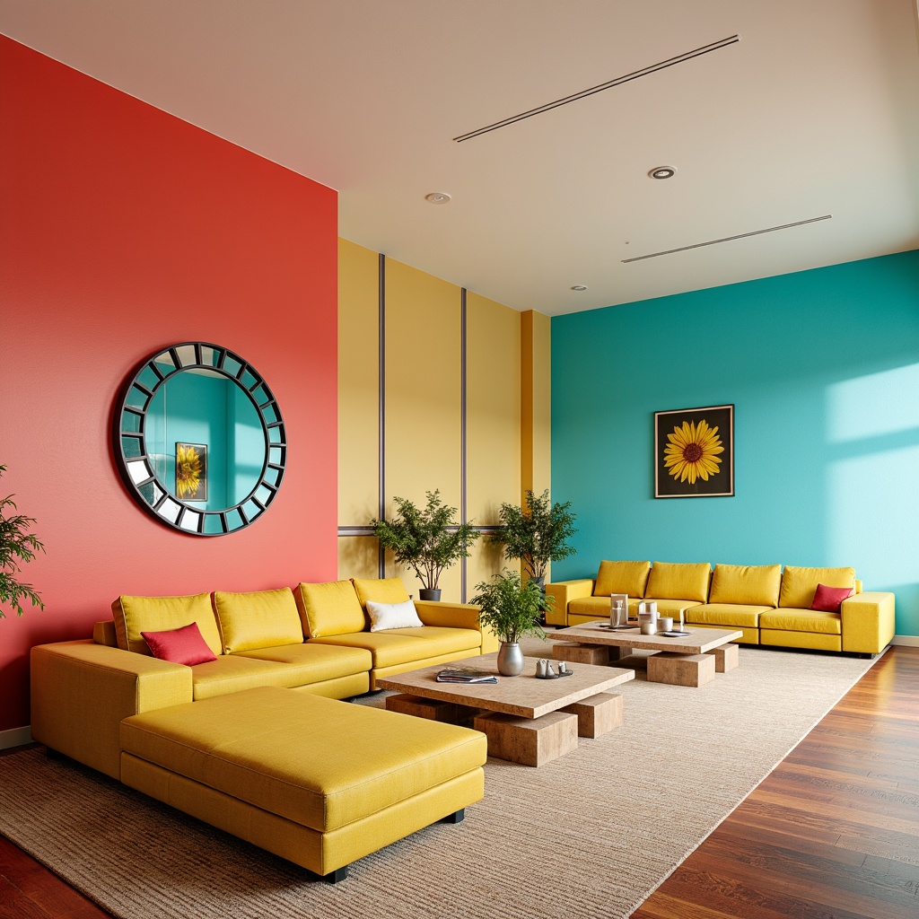 Prompt: Vibrant interior, bold color blocking, bright coral walls, turquoise accents, sunny yellow furniture, creamy white ceilings, polished chrome fixtures, geometric patterns, textured rugs, modern minimalist decor, abundant natural light, 1/1 composition, high-contrast lighting, realistic reflections, ambient occlusion.