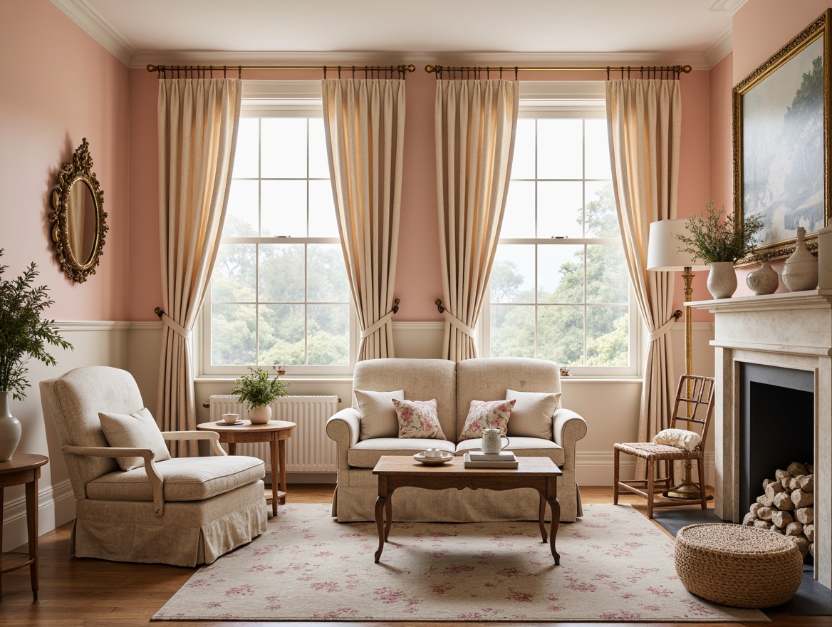 Prompt: Soft peach walls, distressed wooden furniture, vintage pastel hues, lace curtains, floral patterns, rustic metal accents, creamy whites, warm beige tones, ornate gold frames, delicate porcelain vases, distressed finishes, natural textiles, soft candlelight, warm inviting atmosphere, traditional English country house feel, elegant yet worn look, feminine touches, romantic ambiance.