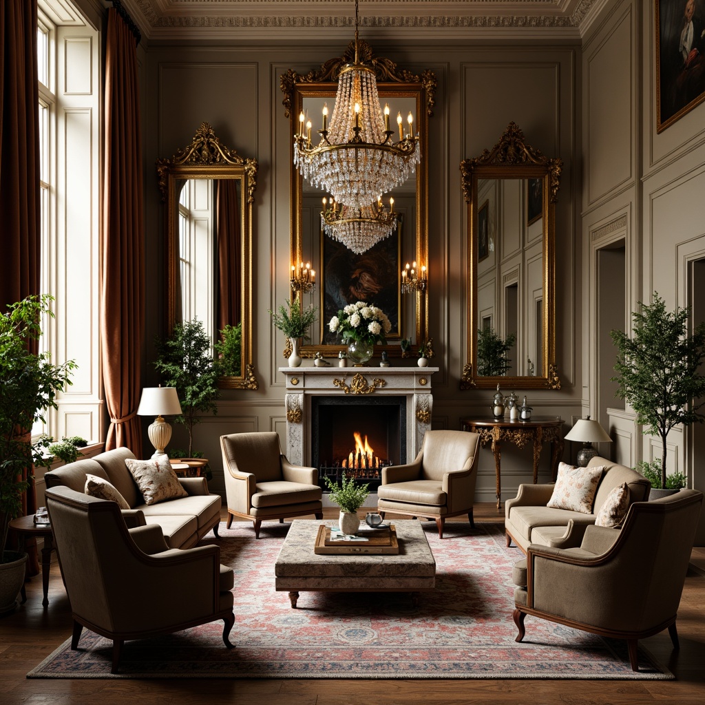 Prompt: Elegant living room, neoclassical furniture, ornate mirrors, velvet upholstery, gilded frames, carved wooden legs, marble coffee tables, crystal chandeliers, rich fabrics, subtle patterns, soft warm lighting, shallow depth of field, 3/4 composition, realistic textures, ambient occlusion.