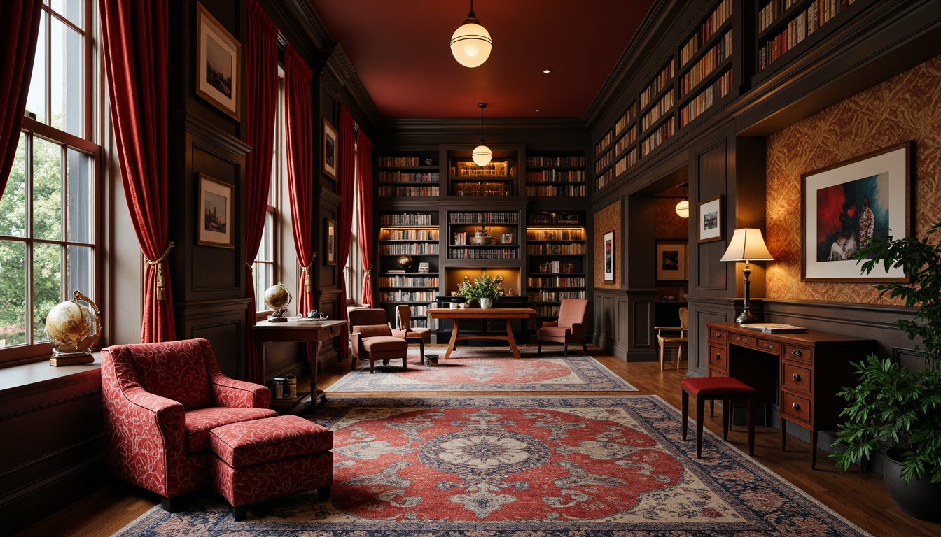 Prompt: Rich velvet fabrics, ornate patterns, luxurious drapery, sophisticated color palette, earthy tones, dark wood accents, leather-bound books, vintage globe decorations, classic wooden desks, comfortable reading nooks, plush area rugs, warm floor lamps, soft diffused lighting, 2/3 composition, intimate atmosphere, realistic textures, subtle ambient occlusion.