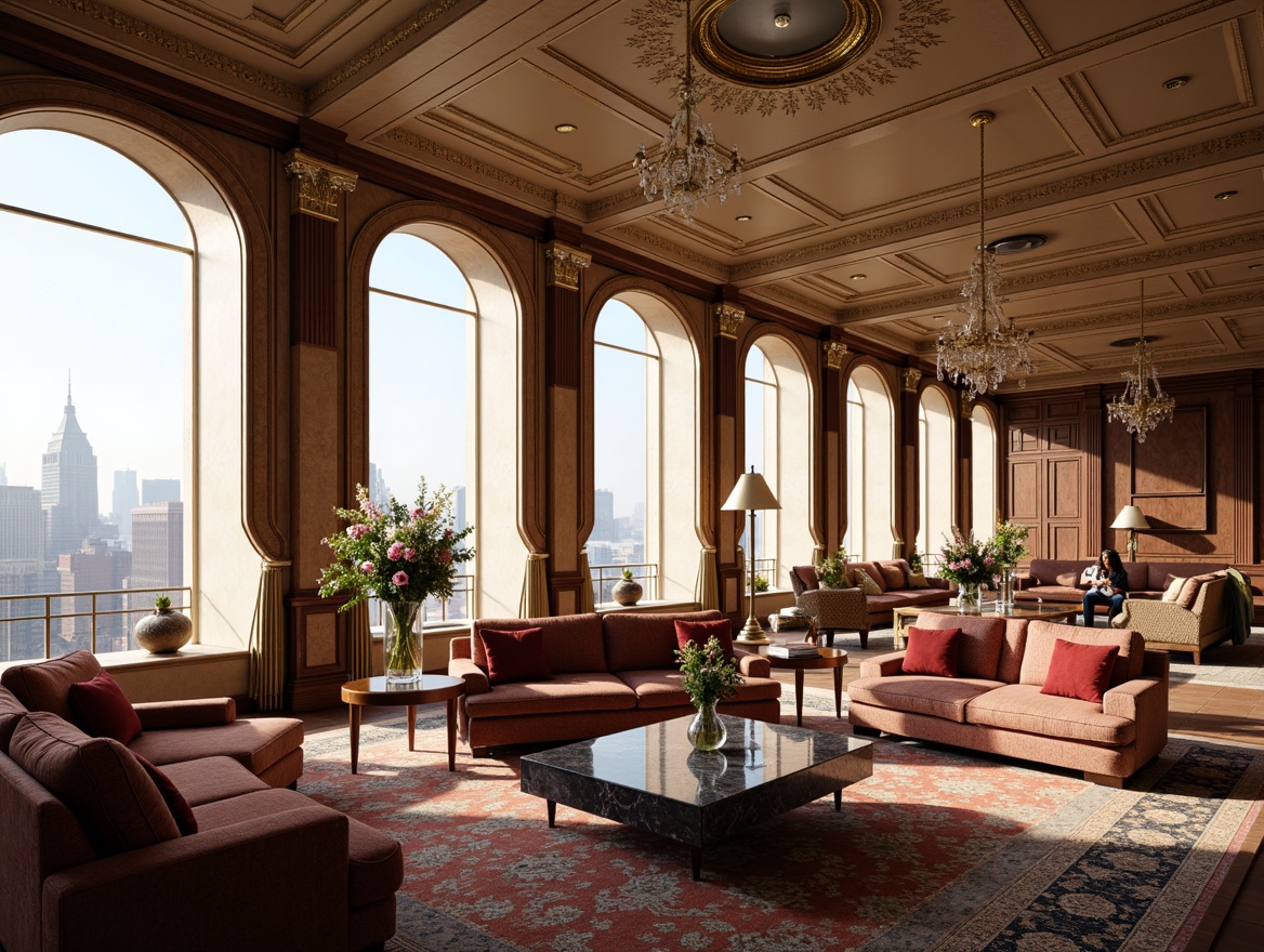 Prompt: Luxurious penthouse interior, neoclassical style, ornate furnishings, velvet sofas, marble coffee tables, crystal chandeliers, intricate moldings, gold accents, lavish drapery, floor-to-ceiling windows, cityscape views, morning sunlight, soft warm lighting, shallow depth of field, 1/1 composition, realistic textures, ambient occlusion, rich wood paneling, polished metal fixtures, elegant vases, fresh flower arrangements, plush area rugs.