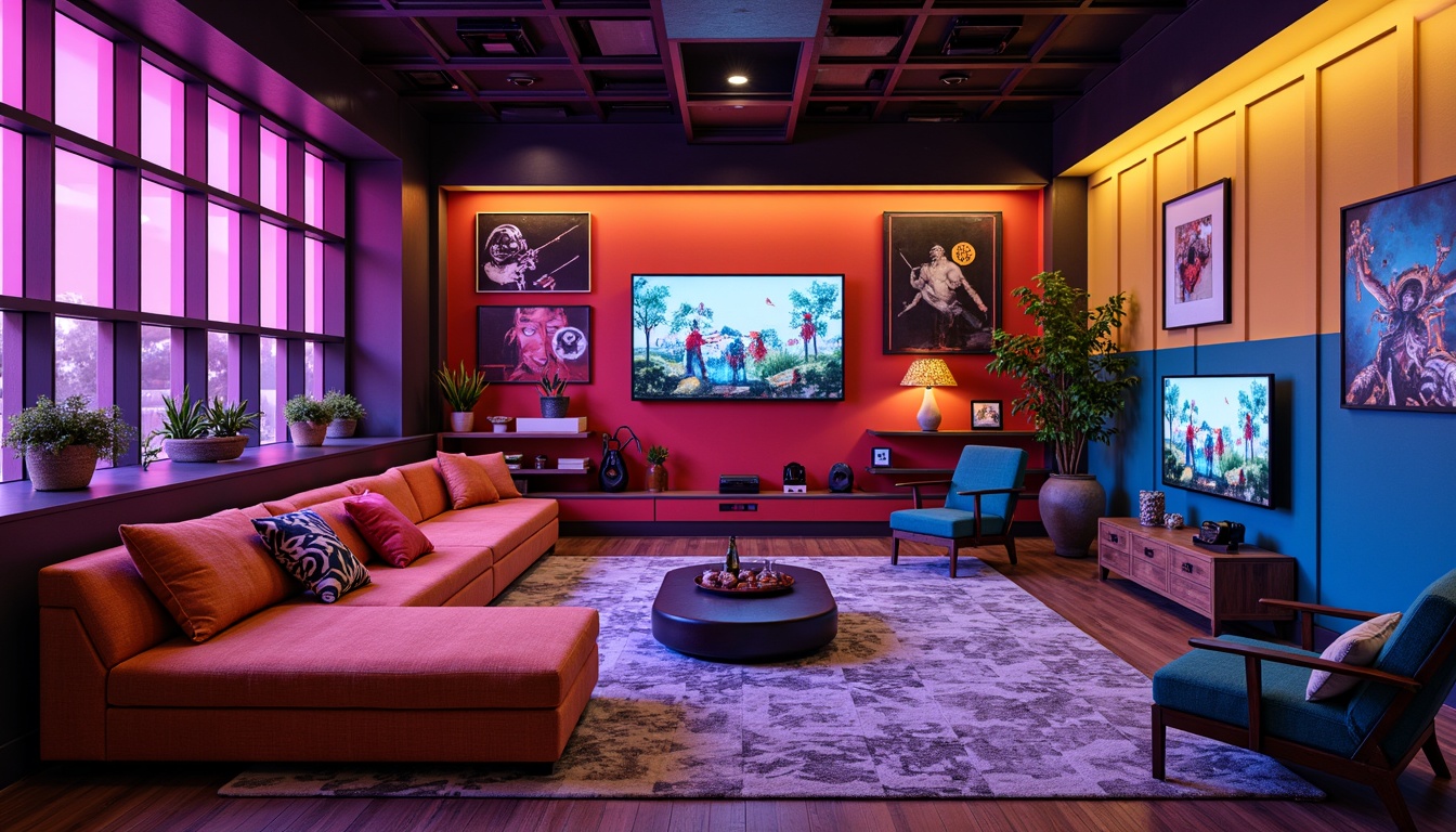 Prompt: Vibrant game room, eclectic furniture arrangement, bold color blocking, abstract expressionist artwork, neon-lit ambient lighting, plush sectional sofas, geometric-patterned rugs, industrial-chic coffee tables, asymmetrical shelving units, futuristic gaming consoles, VR headsets, abstract sculptures, graffiti-inspired murals, dynamic shadows, cinematic camera angles, 1/1 composition, shallow depth of field, warm color grading.