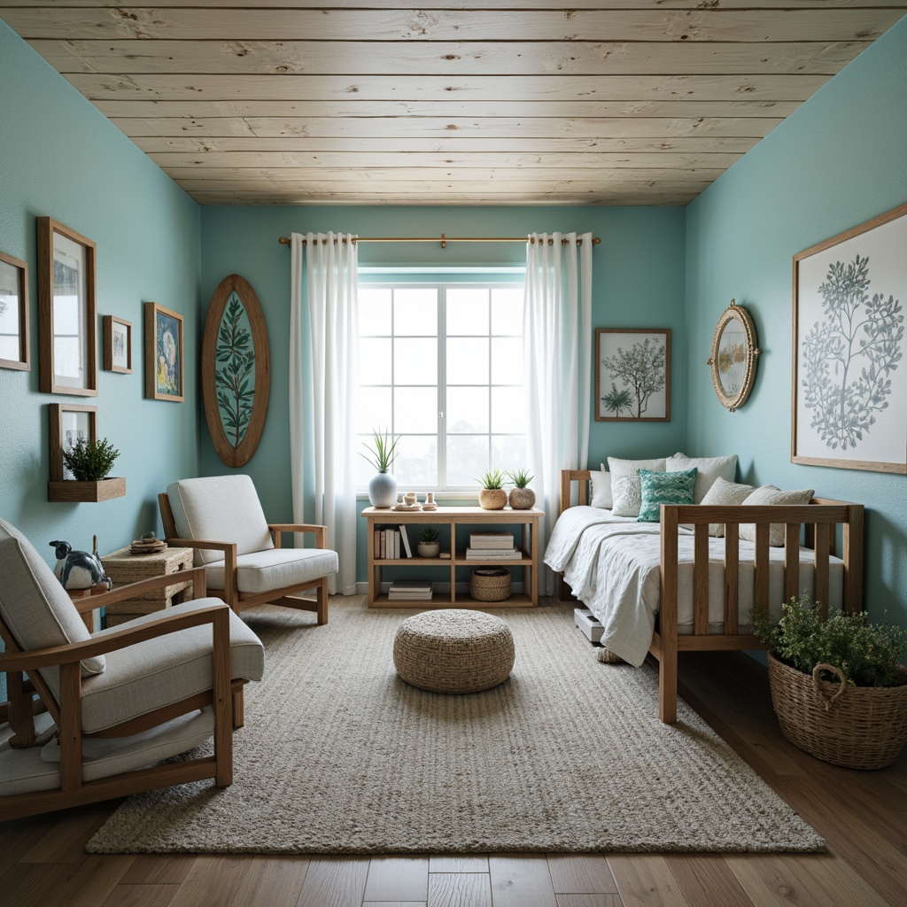 Prompt: Seaside-themed dorm room, ocean-inspired color palette, driftwood furniture, shell-adorned decorative accents, nautical rope details, woven sea grass baskets, beachy textiles, surfboard-shaped wall art, coral-patterned throw pillows, distressed wood flooring, soft blue-green lighting, 1/2 composition, atmospheric mist effect, realistic water droplets.