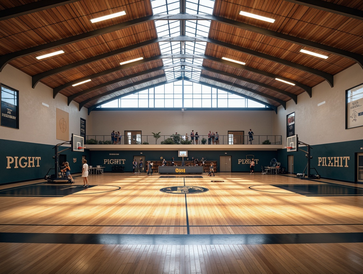 Prompt: Modern gymnasium interior, high ceilings, polished wood flooring, basketball courts, sports equipment, athletic tracks, motivational quotes, natural light pouring in through clerestory windows, warm softbox lighting, LED strip lights, indirect illumination, 3-point lighting setup, shallow depth of field, dynamic shadows, realistic textures, ambient occlusion.