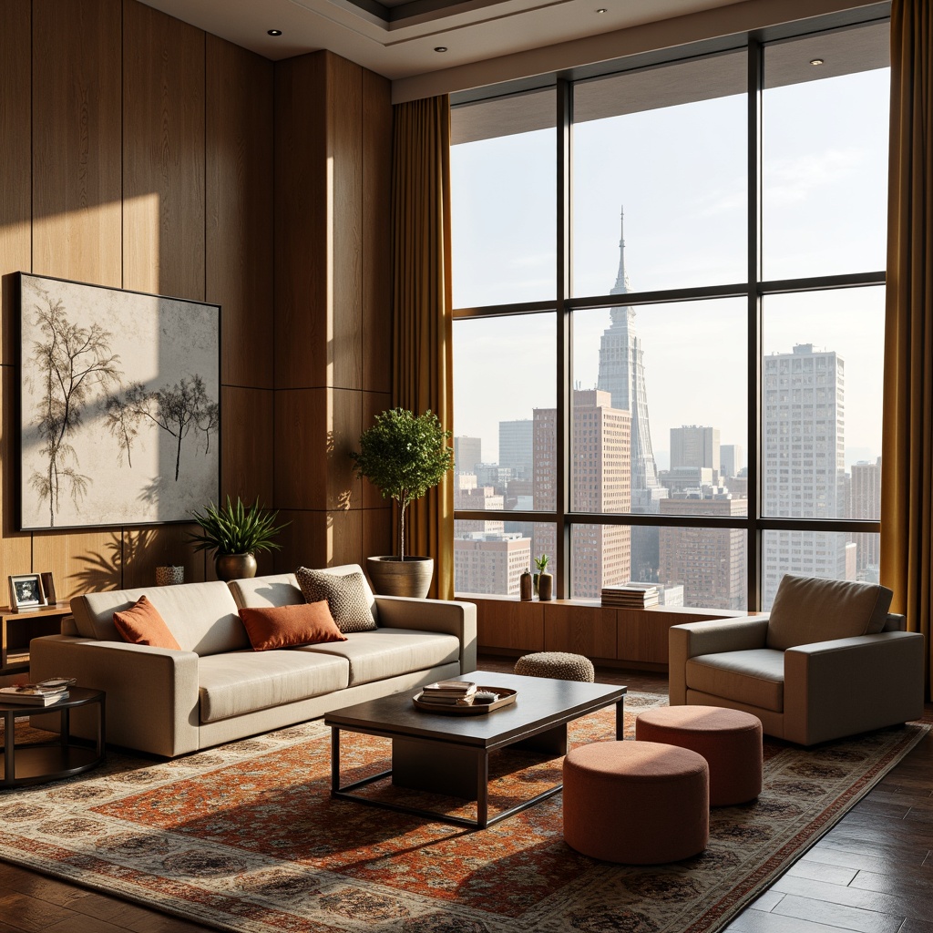 Prompt: Cozy living room, plush throw pillows, soft velvet sofas, warm beige carpets, natural wood accents, floor-to-ceiling windows, urban cityscape views, modern minimalist decor, industrial metal coffee tables, eclectic patterned rugs, comfortable oversized armchairs, vibrant colorful ottomans, luxurious silk drapes, ambient warm lighting, shallow depth of field, 1/1 composition, realistic textures, soft focus blur.