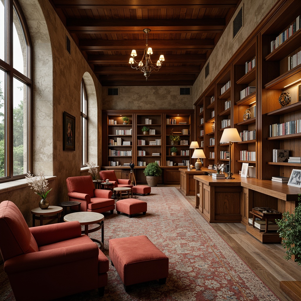 Prompt: Cozy library interior, warm wooden accents, plush sofas, velvet armchairs, ergonomic study desks, comfortable Ottomans, soft carpet flooring, natural stone walls, floor-to-ceiling bookshelves, warm lighting fixtures, rustic metal lamps, earthy color palette, inviting reading nooks, tranquil atmosphere, shallow depth of field, 1/1 composition, realistic textures, ambient occlusion.