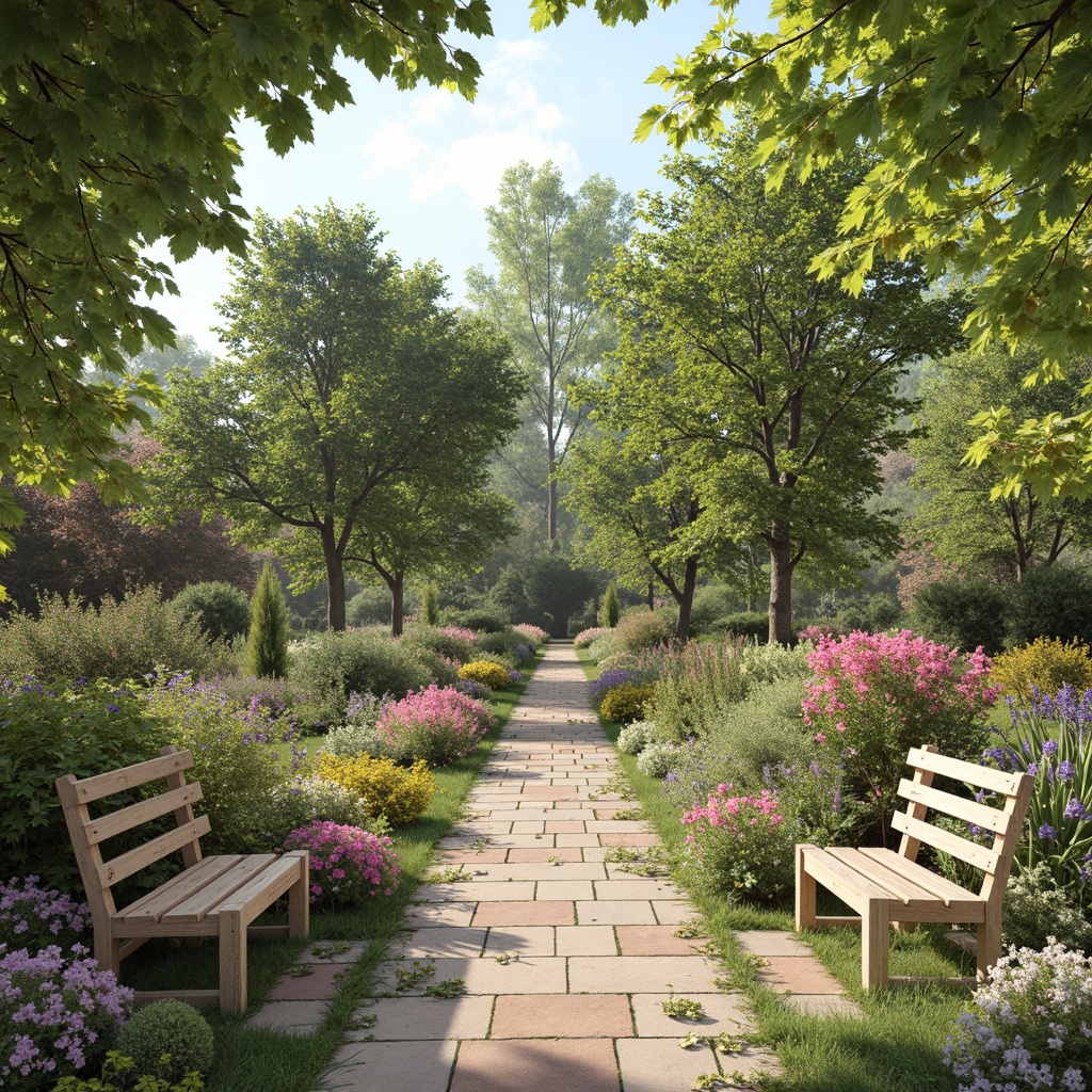 Prompt: Vibrant botanical garden, lush greenery, blooming flowers, soft pastel hues, gentle warm lighting, natural stone pathways, wooden benches, eclectic vintage decor, distressed textures, whimsical illustrations, dreamy watercolor effects, 3/4 composition, shallow depth of field, realistic ambient occlusion.