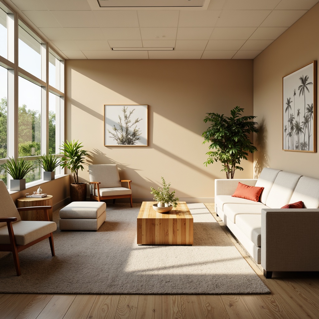 Prompt: Cozy hospital waiting area, plush sofas, ergonomic chairs, wooden coffee tables, warm beige walls, soft carpet flooring, calming green plants, natural light, large windows, minimal decorative artwork, gentle ambient lighting, soft pastel colors, comfortable ottomans, adjustable armchairs, reclining seats, soothing music background, peaceful atmosphere, 1/1 composition, realistic textures, subtle shadows.