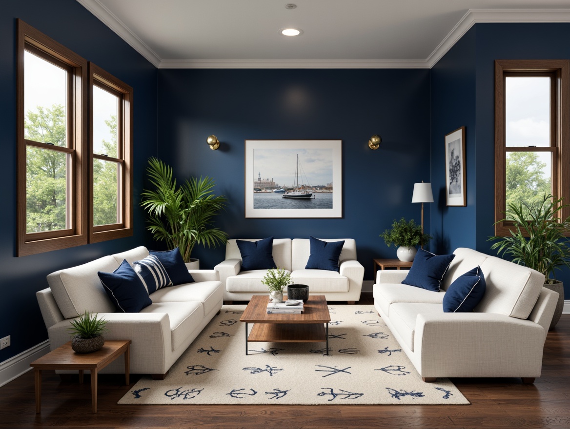 Prompt: Navy blue accent walls, rich dark wood flooring, cream-colored sofas, velvety navy blue pillows, golden metal lamp fixtures, minimalist modern furniture, subtle nautical patterns, soft beige rugs, natural light pouring in through large windows, calming atmosphere, shallow depth of field, 1/2 composition, realistic textures, ambient occlusion.