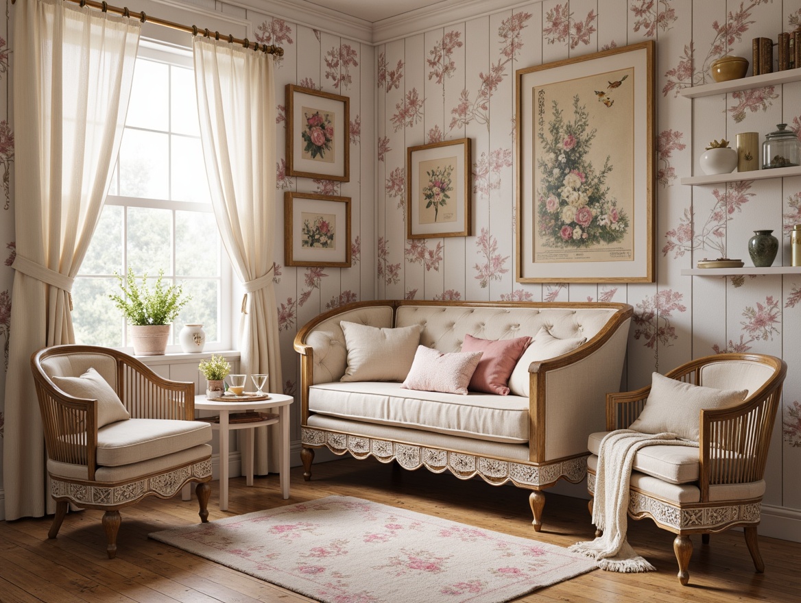 Prompt: Soft feminine accents, distressed wood textures, vintage floral patterns, pastel pink hues, creamy whites, warm beige tones, gentle lavender shades, rustic metal decor, ornate furniture details, lace trims, ruffled fabrics, soft golden lighting, romantic candlelight, dreamy atmosphere, whimsical illustrations, delicate porcelain vases, antique apothecary jars, distressed finishes, layered curtains, cozy throw blankets.