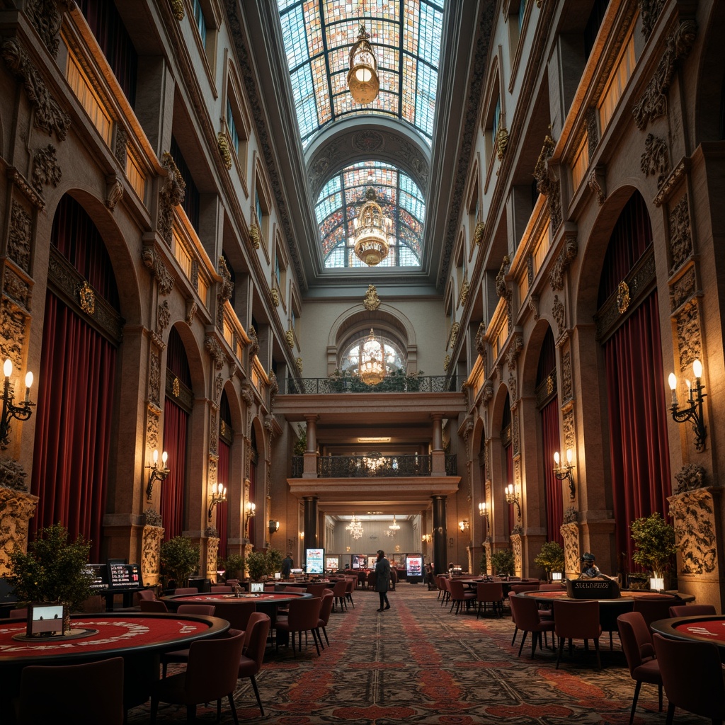 Prompt: Opulent casino interior, intricate stone carvings, grandiose chandeliers, lavish velvet drapes, ornate wooden paneling, gilded accents, majestic archways, stained glass ceilings, mystical gargoyles, mysterious lanterns, eerie fog effects, dim warm lighting, shallow depth of field, 1/2 composition, cinematic view, detailed textures, ambient occlusion.