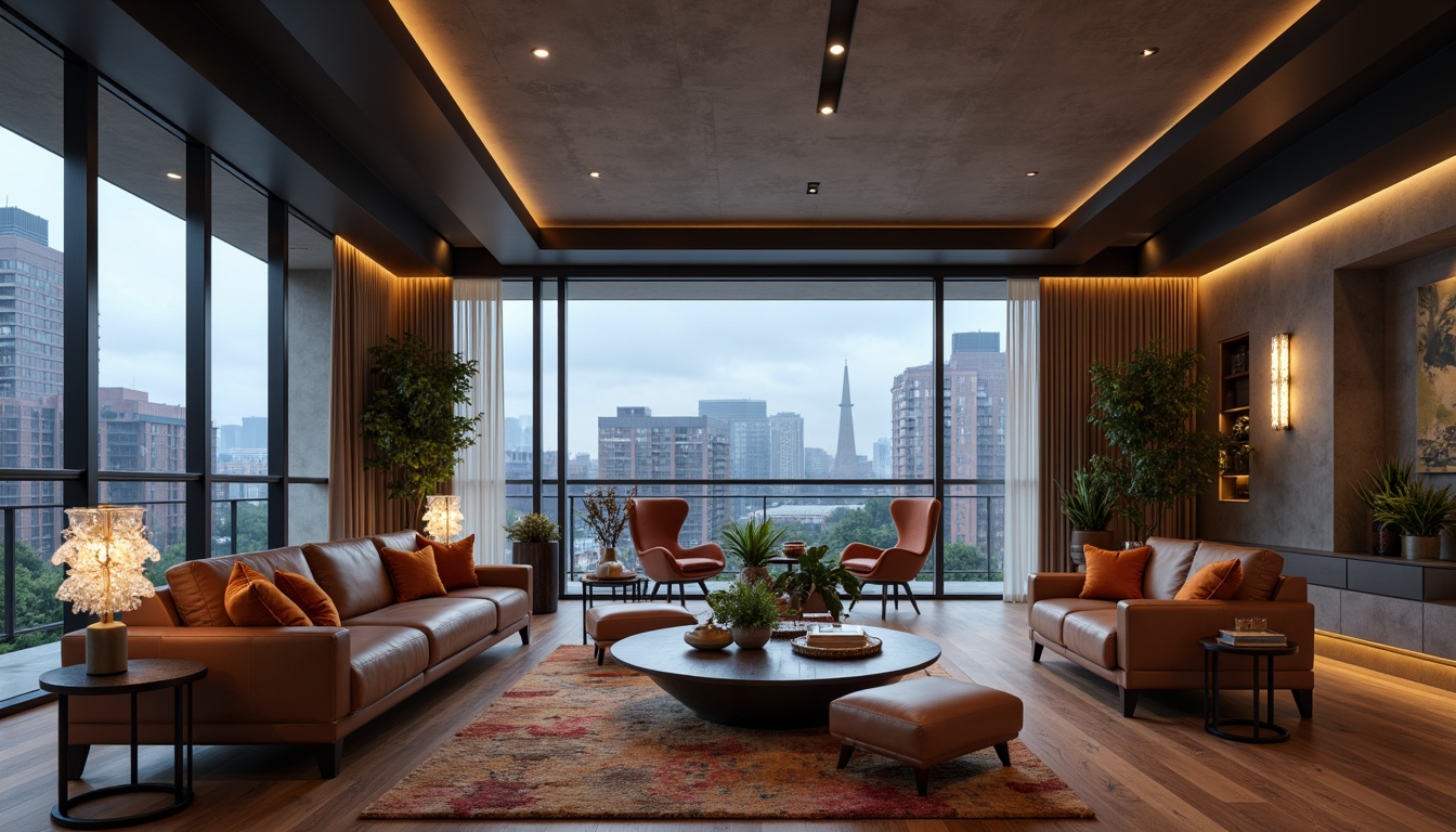 Prompt: Modern living room, sleek furniture, polished wood floors, floor-to-ceiling windows, urban cityscape view, warm ambient lighting, stylish pendant lamps, crystal chandeliers, minimalist sconces, metallic finishes, LED strips, cozy reading nooks, plush area rugs, vibrant color accents, 1/1 composition, softbox lighting, realistic reflections, atmospheric mist.