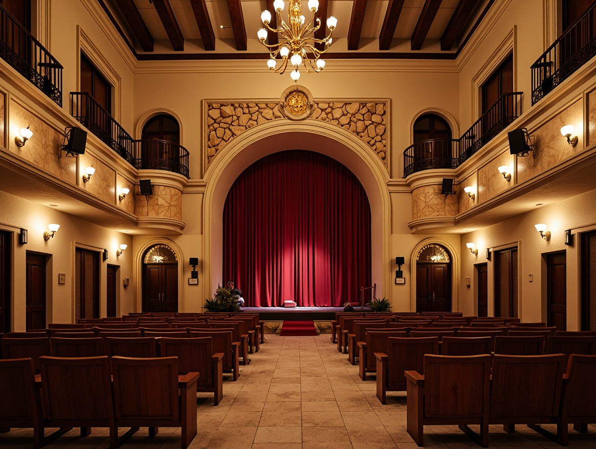 Prompt: Intimate Mediterranean-style theater, ornate wooden seats, velvet curtains, golden lighting fixtures, decorative arches, grand chandeliers, rustic stone walls, warm beige flooring, plush red carpets, curved balconies, ornamental iron railings, subtle aroma of lavender, soft warm glow, shallow depth of field, 2/3 composition, realistic textures, ambient occlusion.