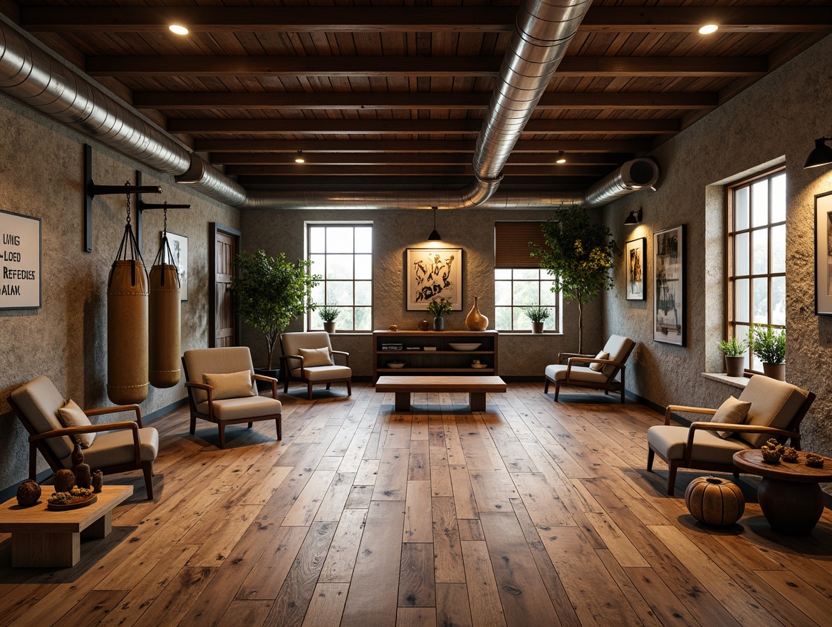 Prompt: Rustic home gym, reclaimed wood flooring, distressed textures, earthy tones, natural stone accents, industrial-style metal beams, exposed ductwork, vintage fitness equipment, wooden weights, canvas boxing bags, motivational quotes, rustic-chic lighting fixtures, warm cozy atmosphere, soft diffused lighting, 3/4 composition, realistic worn edges, ambient occlusion.