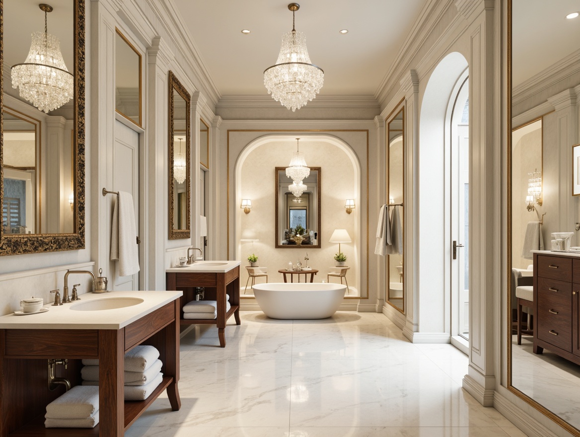 Prompt: Elegant bathroom, ornate mirrors, crystal chandeliers, marble countertops, white Carrara flooring, soft cream walls, rich walnut cabinetry, polished chrome fixtures, subtle gold accents, warm beige tones, serene ambiance, natural stone textures, softbox lighting, 1/2 composition, realistic reflections, ambient occlusion.