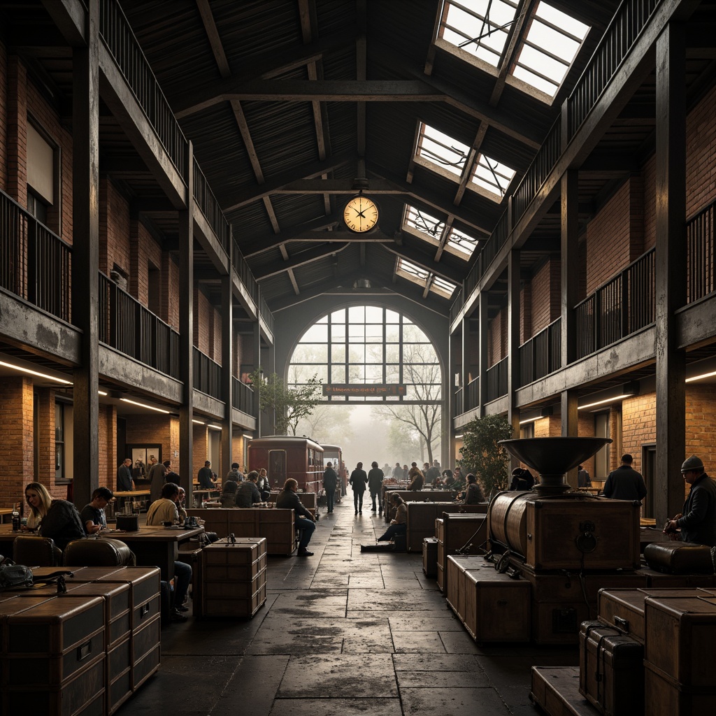 Prompt: Rustic train station, industrial style, exposed steel beams, distressed brick walls, metal columns, wooden accents, vintage luggage racks, old-fashioned clocks, dim warm lighting, shallow depth of field, 2/3 composition, atmospheric fog, realistic textures, ambient occlusion, urban cityscape, morning commute, busy travelers, steam engine sounds.