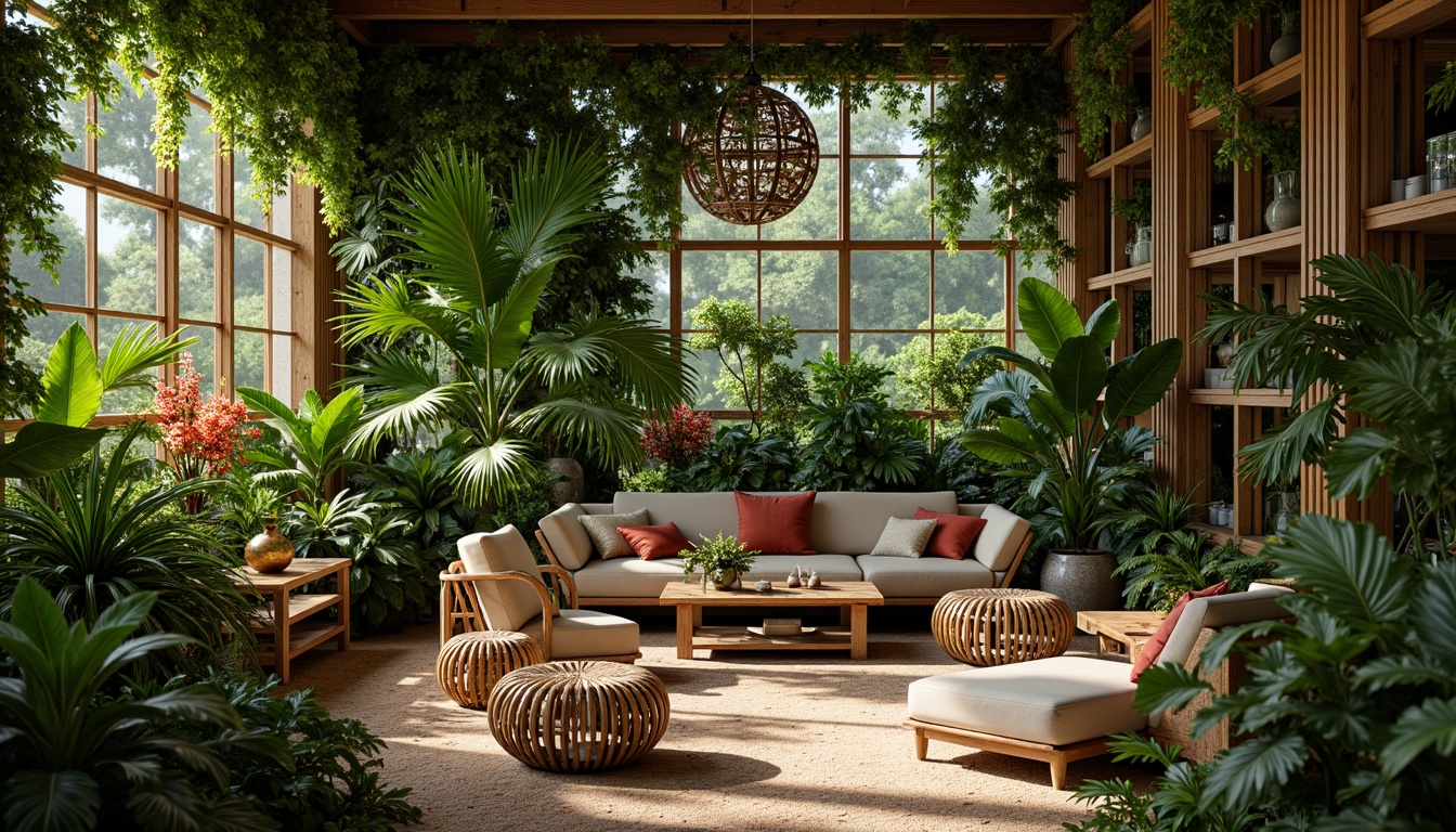 Prompt: Lush tropical interior, exotic plants, vibrant green leaves, colorful blooms, natural wood accents, woven rattan furniture, bamboo decor, earthy tones, warm soft lighting, shallow depth of field, 1/1 composition, realistic textures, ambient occlusion, palm trees, ferns, monstera deliciosa, bird's nest fern, hanging planters, botanical prints, woven baskets, natural fibers, organic shapes, eclectic decor, global-inspired patterns.