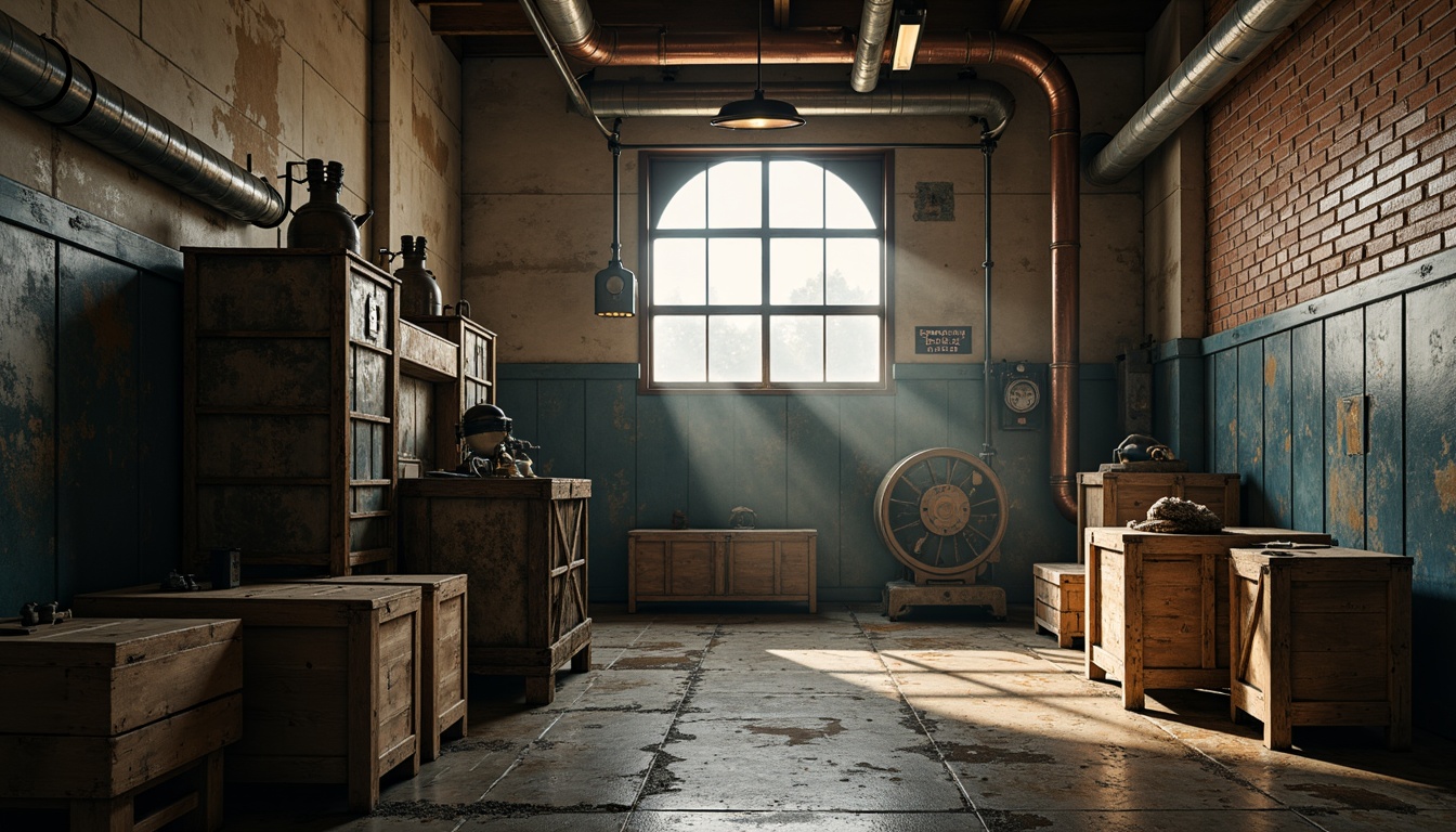 Prompt: Rustic industrial setting, distressed metal walls, worn wooden crates, vintage machinery, exposed brick textures, moody warm lighting, atmospheric mist, neutral beige tones, deep blue accents, weathered copper pipes, rough concrete floors, urban cityscape backdrop, cinematic shallow depth of field, 2/3 composition, muted color palette, realistic wear and tear.