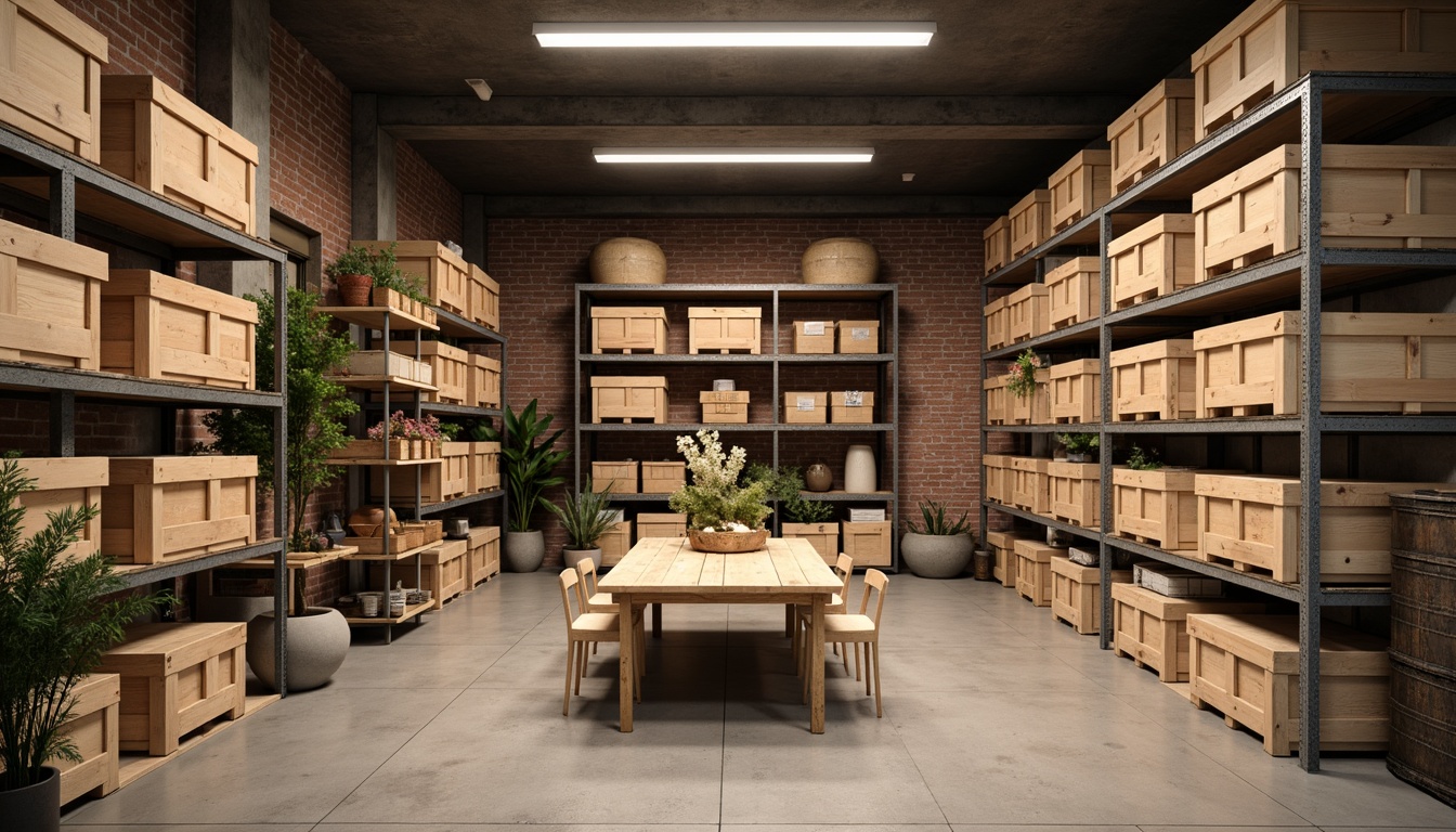 Prompt: Cozy storage room, industrial shelving units, metal racks, wooden crates, concrete floors, exposed brick walls, dimmable lighting, warm beige colors, natural textures, rustic decor, functional furniture, organized layouts, ample vertical space, sturdy shelves, secure cabinets, durable materials, waterproof coatings, humidity control systems, climate-controlled environments, softbox storage bins, stackable containers, label makers, inventory management tools, efficient workflows.