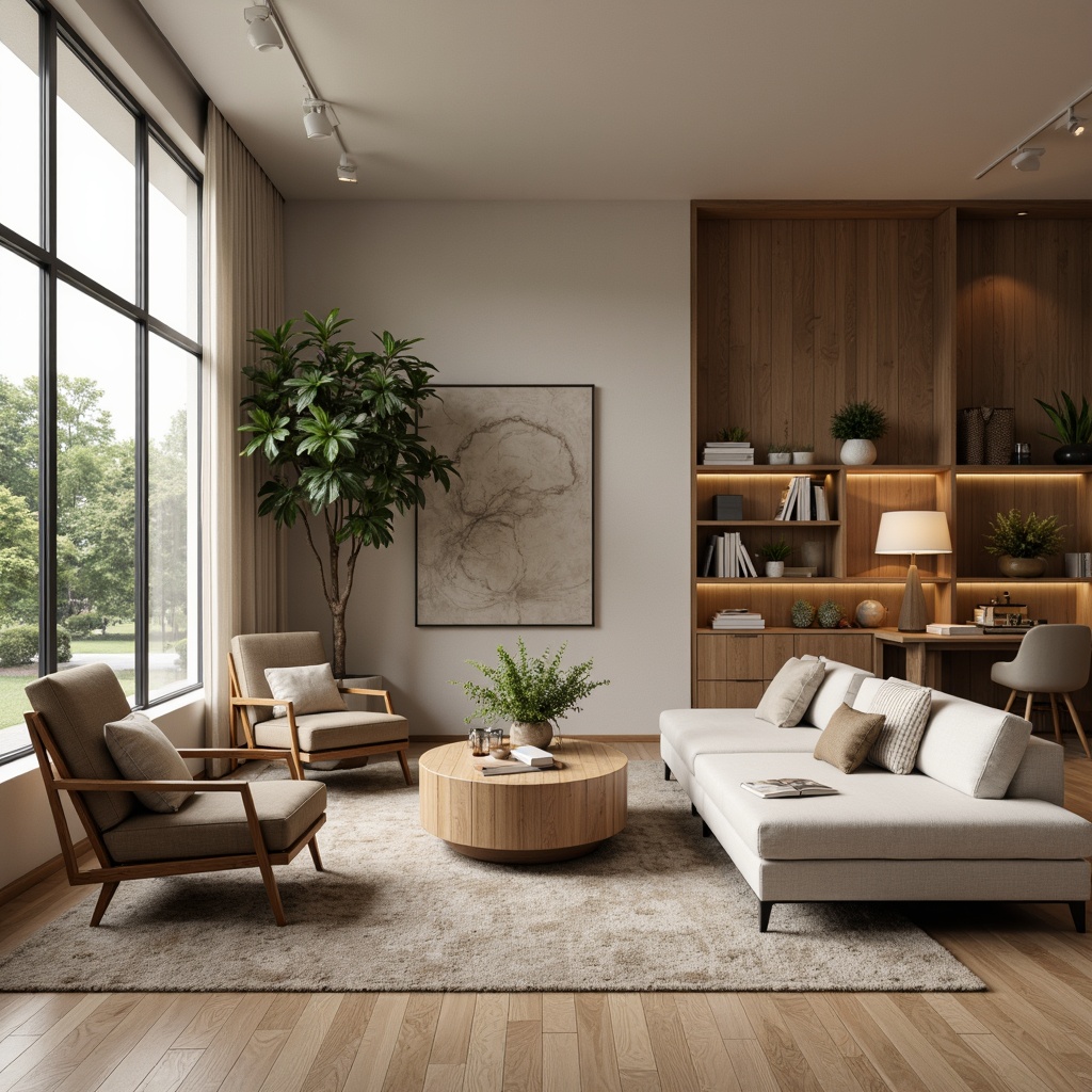 Prompt: Minimalist living room, comfortable sofas, wooden coffee tables, potted plants, floor lamps, natural textiles, earthy color palette, functional layout, efficient storage solutions, sleek shelving units, ergonomic chairs, task lighting, cozy reading nooks, plush area rugs, warm neutral tones, soft diffused lighting, 1/1 composition, intimate atmosphere, realistic materials, ambient occlusion.