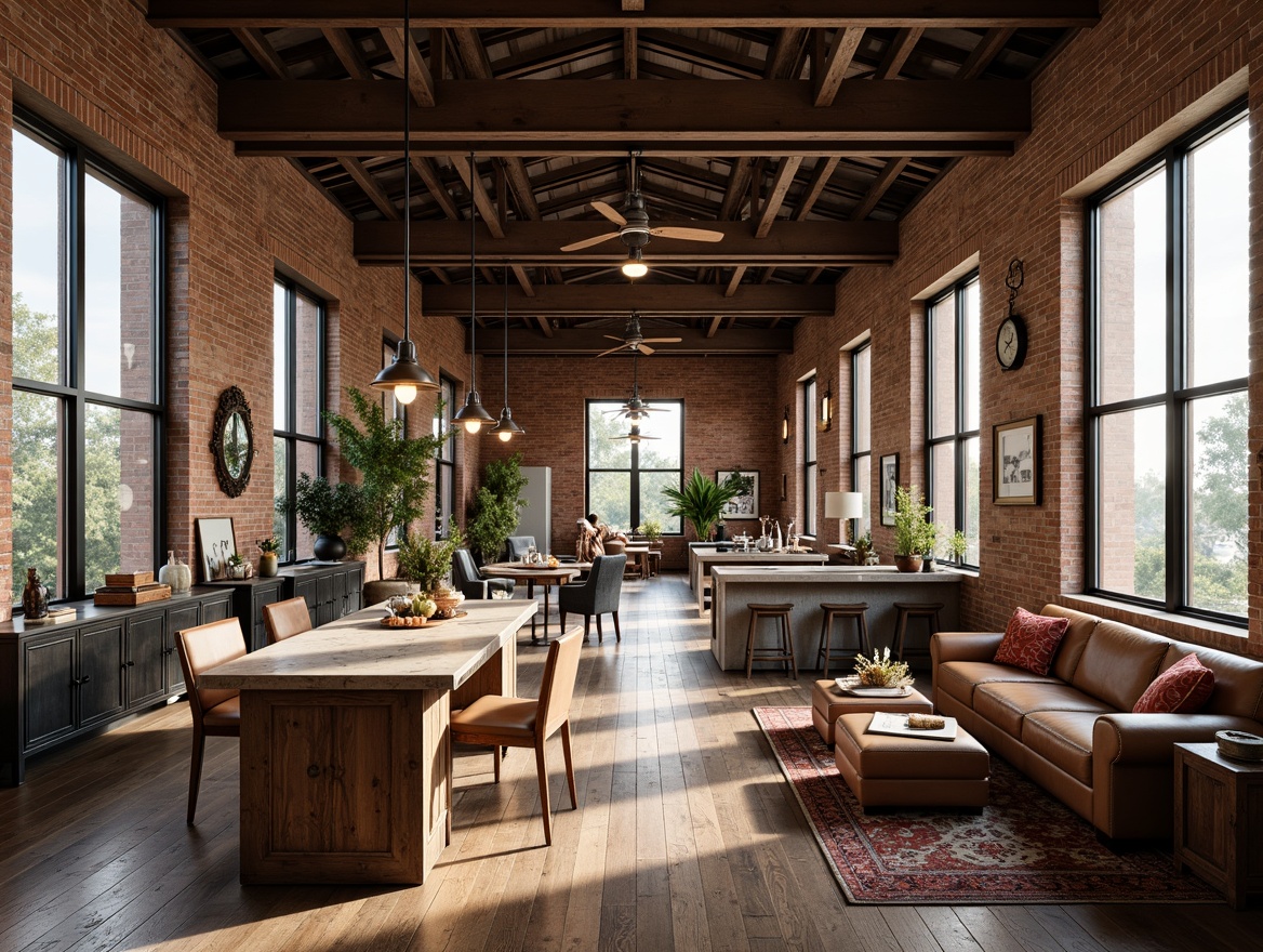 Prompt: Rustic farmhouse, exposed brick walls, metal beam ceilings, reclaimed wood floors, vintage industrial lighting, distressed leather furniture, earthy color palette, natural stone countertops, functional metal accents, galvanized steel decor, old factory windows, modern farmhouse twist, soft warm lighting, shallow depth of field, 1/1 composition, realistic textures, ambient occlusion.