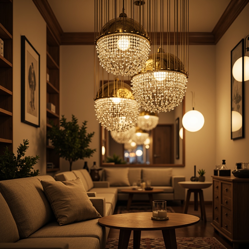 Prompt: Elegant chandelier, luxurious crystal pendants, warm golden lighting, cozy ambiance, modern pendant lamps, minimalist design, sleek metal fixtures, sophisticated sconces, soft warm glow, inviting atmosphere, relaxing mood, calming colors, creamy whites, rich woods, textured fabrics, plush furnishings, ornate details, subtle patterns, ambient shadows, dramatic highlights, 1/1 composition, shallow depth of field.