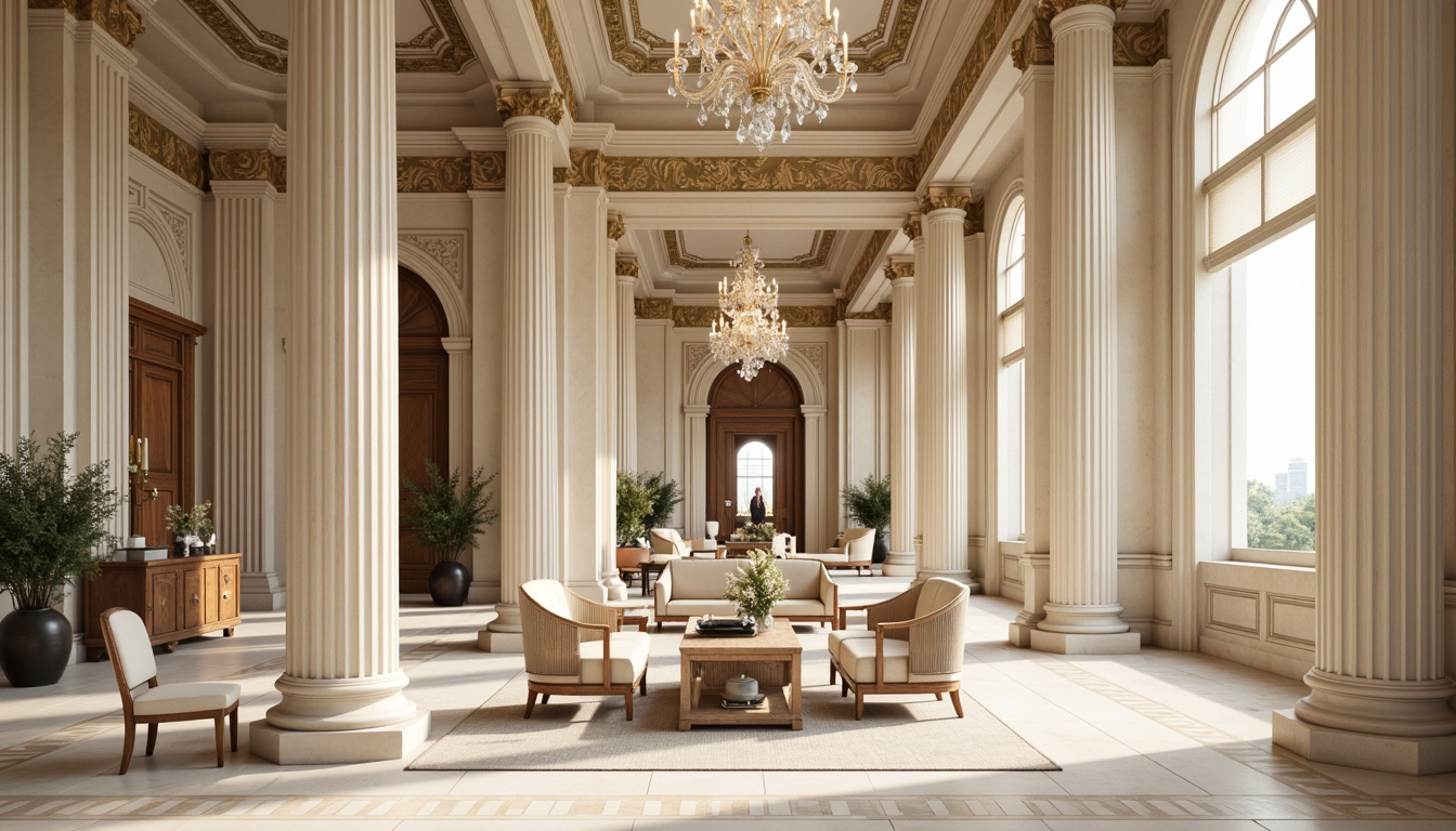 Prompt: Elegant neoclassical architecture, creamy white marble, soft beige columns, ornate gold details, rich walnut wood, muted earthy tones, subtle cream accents, grandiose high ceilings, intricate moldings, symmetrical compositions, refined luxurious furnishings, lavish crystal chandeliers, sophisticated neutral backgrounds, warm ambient lighting, 1/1 composition, shallow depth of field, realistic textures, ambient occlusion.