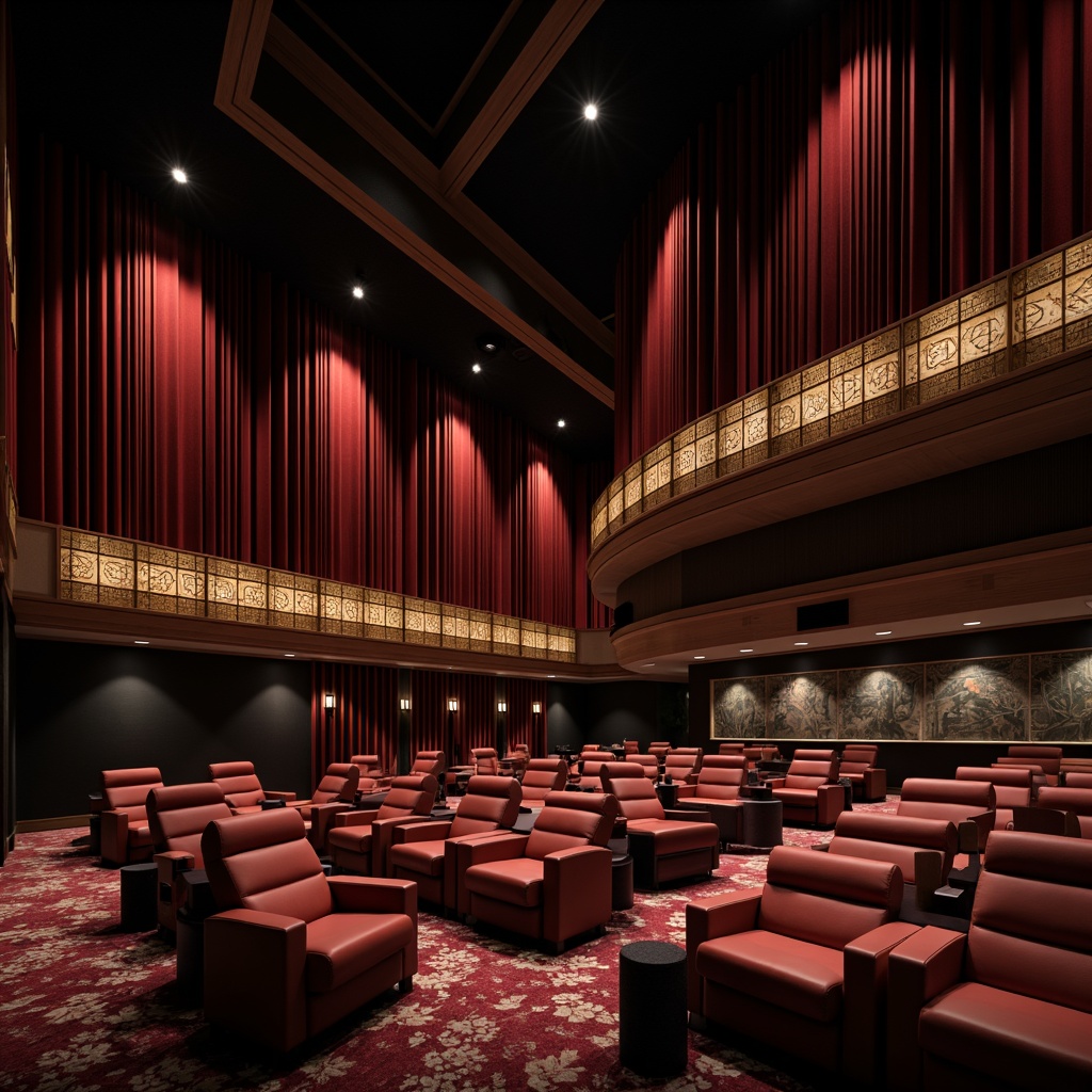 Prompt: Luxurious theater interior, dark wood accents, velvet curtains, sound-absorbing acoustic panels, geometric patterns, rich textiles, intimate seating areas, warm ambient lighting, professional audio equipment, high-fidelity speakers, detailed sound waveforms, realistic reverberations, cinematic experiences, 1/1 composition, soft focus, shallow depth of field.