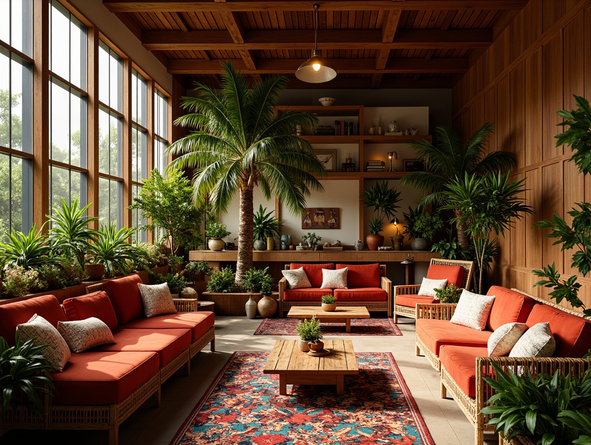 Prompt: Vibrant tropical interior, rich wood accents, woven rattan furniture, plush velvet upholstery, metallic gold hardware, natural fiber rugs, exotic palm trees, colorful tribal patterns, bold geometric shapes, layered textures, warm golden lighting, soft focus, 1/2 composition, intimate atmosphere, cozy reading nooks, lush greenery, statement walls, eclectic accessories, global-inspired decor.