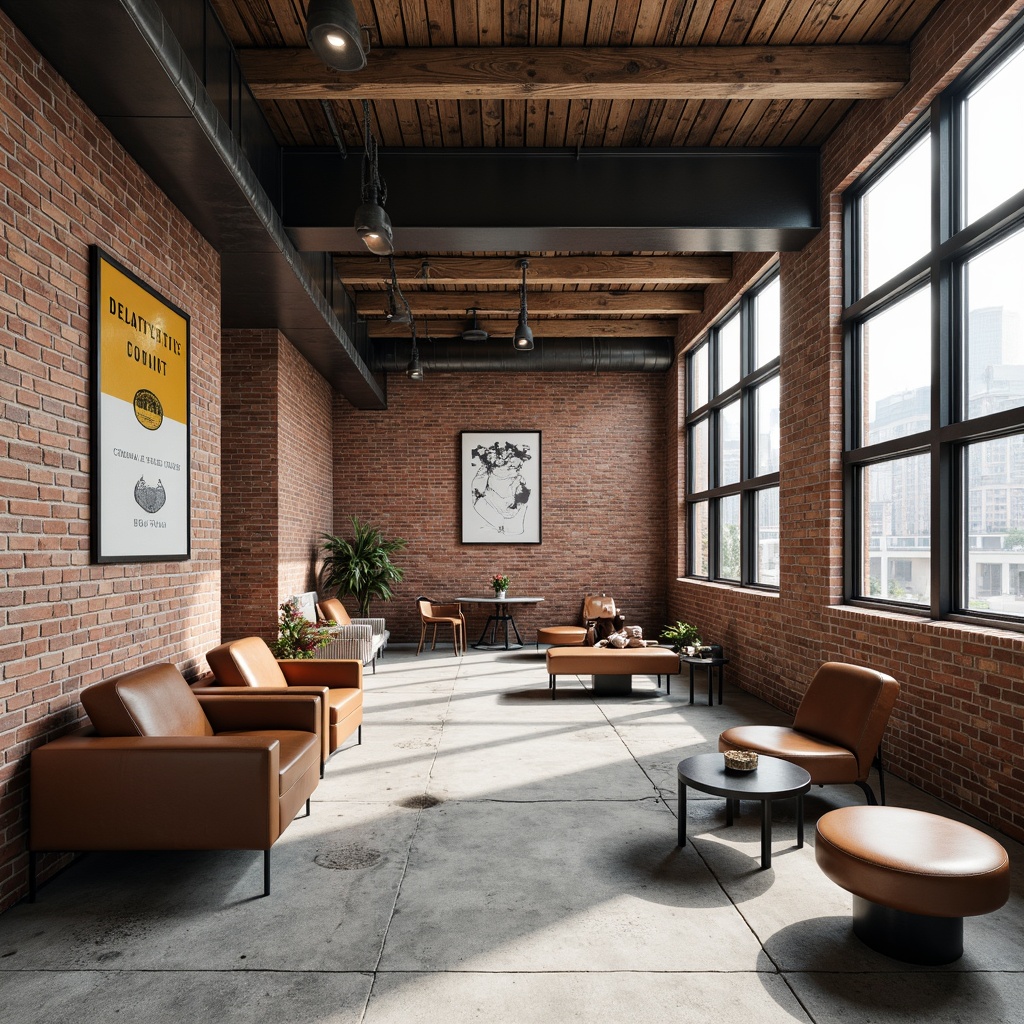 Prompt: Exposed brick walls, industrial metal beams, reclaimed wood accents, functional piping systems, minimalist decor, geometric shapes, primary color palette, bold typography, sleek metal furniture, leather upholstery, distressed concrete floors, urban loft atmosphere, natural light pouring in, high ceilings, functional minimalism, structural elements on display, monochromatic color scheme, modernist influences.