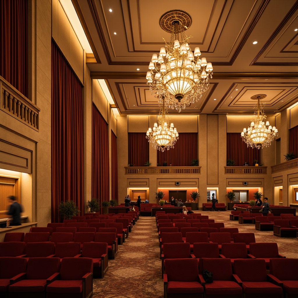 Prompt: Elegant auditorium, transitional style, warm beige walls, rich wood tones, ornate ceiling details, grand chandeliers, soft warm lighting, subtle color temperature shifts, layered lighting effects, dramatic spotlighting, LED strip lights, floor-to-ceiling drapery, plush red velvet seats, golden accents, sophisticated ambiance, evening atmosphere, 3/4 composition, shallow depth of field, realistic textures, ambient occlusion.