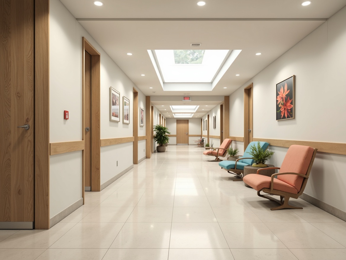 Prompt: Calming hospital corridors, soft creamy whites, pale blues, muted greens, warm beige tones, natural wood accents, gentle pastel hues, soft peach colors, earthy terracotta shades, comforting warm lighting, subtle texture variations, calming ambiance, serene atmosphere, minimalist modern furniture, clean lines, simplicity, functionality, soothing color scheme, peaceful environment.