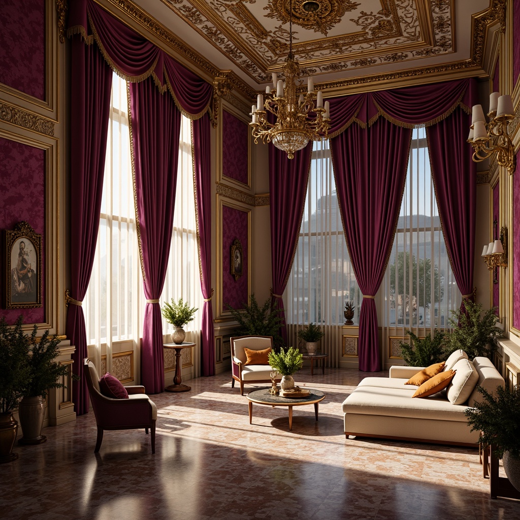 Prompt: Luxurious baroque interior, rich velvet fabrics, ornate gold accents, dramatic chandeliers, grandiose architectural details, opulent marble floors, lavish furnishings, intricate carvings, majestic curtains, regal purple hues, deep crimson reds, warm golden yellows, soft cream whites, subtle ivory tones, elegant bronze metallics, refined wooden textures, sophisticated ambient lighting, 1/1 composition, realistic reflections, ornate frame borders.