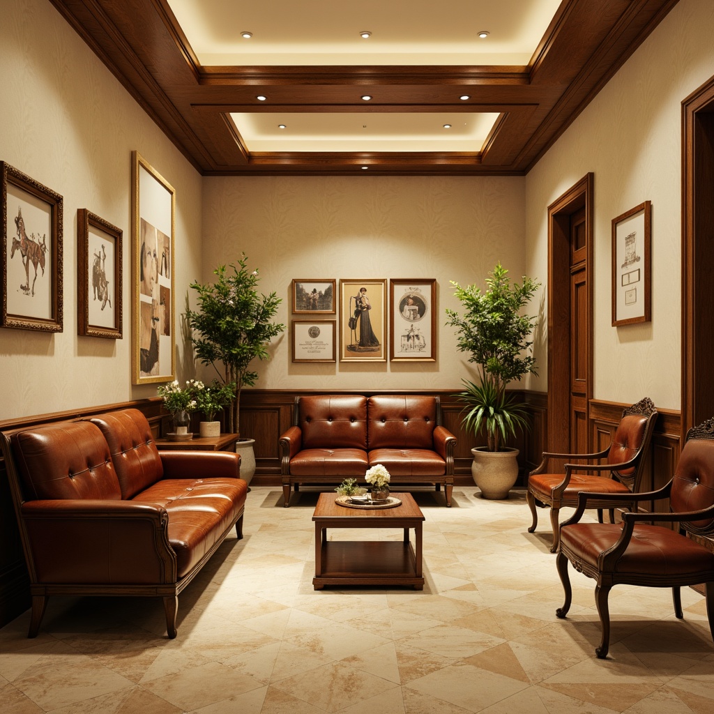 Prompt: Elegant clinic interior, classicism style, luxurious wooden furniture, rich brown leather sofas, ornate metal frames, carved wooden chairs, vintage medical equipment displays, cream-colored walls, warm beige flooring, soft golden lighting, subtle texture patterns, 1/1 composition, shallow depth of field, realistic wood textures, ambient occlusion.