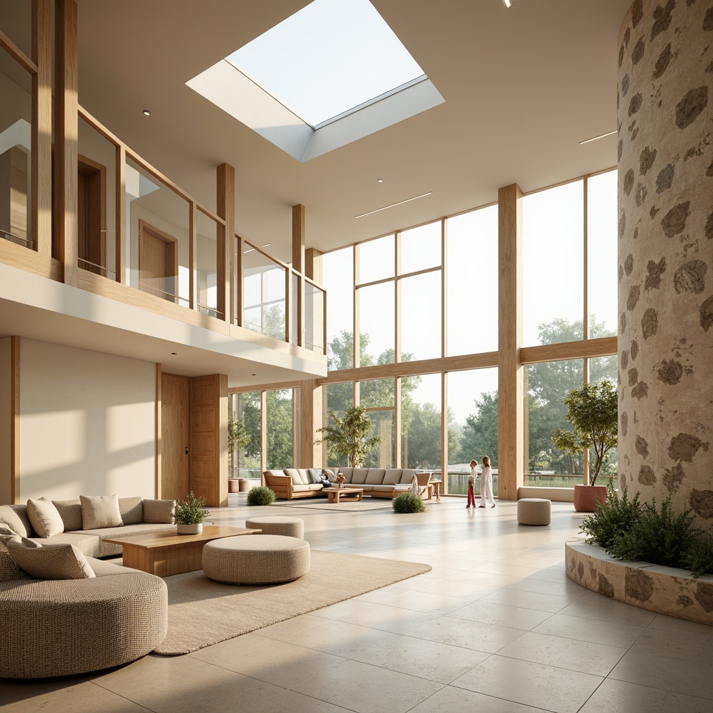 Prompt: Bright airy interior, large windows, clerestory windows, skylights, translucent walls, reflective surfaces, minimalist decor, neutral color palette, warm beige tones, soft diffused light, subtle shadows, natural textures, wooden accents, stone features, earthy materials, organic forms, curved lines, open floor plan, seamless transitions, blurred boundaries, emphasis on functionality, sustainable design elements, energy-efficient solutions, eco-friendly materials, optimized spatial layout, harmonious atmosphere, warm inviting ambiance.