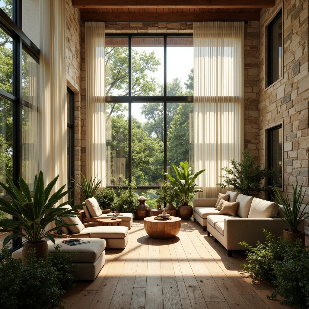 Prompt: Vibrant living room, floor-to-ceiling windows, natural stone walls, wooden flooring, minimalist decor, abundant greenery, sheer white curtains, warm afternoon sunbeams, soft diffused lighting, cozy reading nooks, comfortable plush sofas, nature-inspired color palette, earthy tones, organic textures, ambient occlusion, shallow depth of field, 1/1 composition, panoramic view, realistic materials.