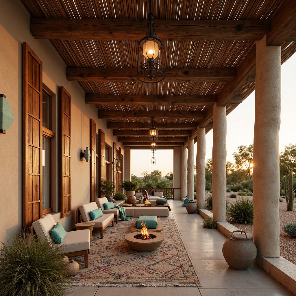 Prompt: Warm desert ambiance, rustic wooden accents, vibrant turquoise hues, woven textiles, natural stone walls, earthy tones, warm beige stucco, cozy fire pit, lantern-inspired lighting fixtures, warm golden glow, soft diffused light, high ceilings, open floor plans, minimalist decor, cacti plants, southwestern patterns, terracotta pottery, warm sunset colors, low-key shadows, 1/1 composition, cinematic lighting, realistic textures, ambient occlusion.