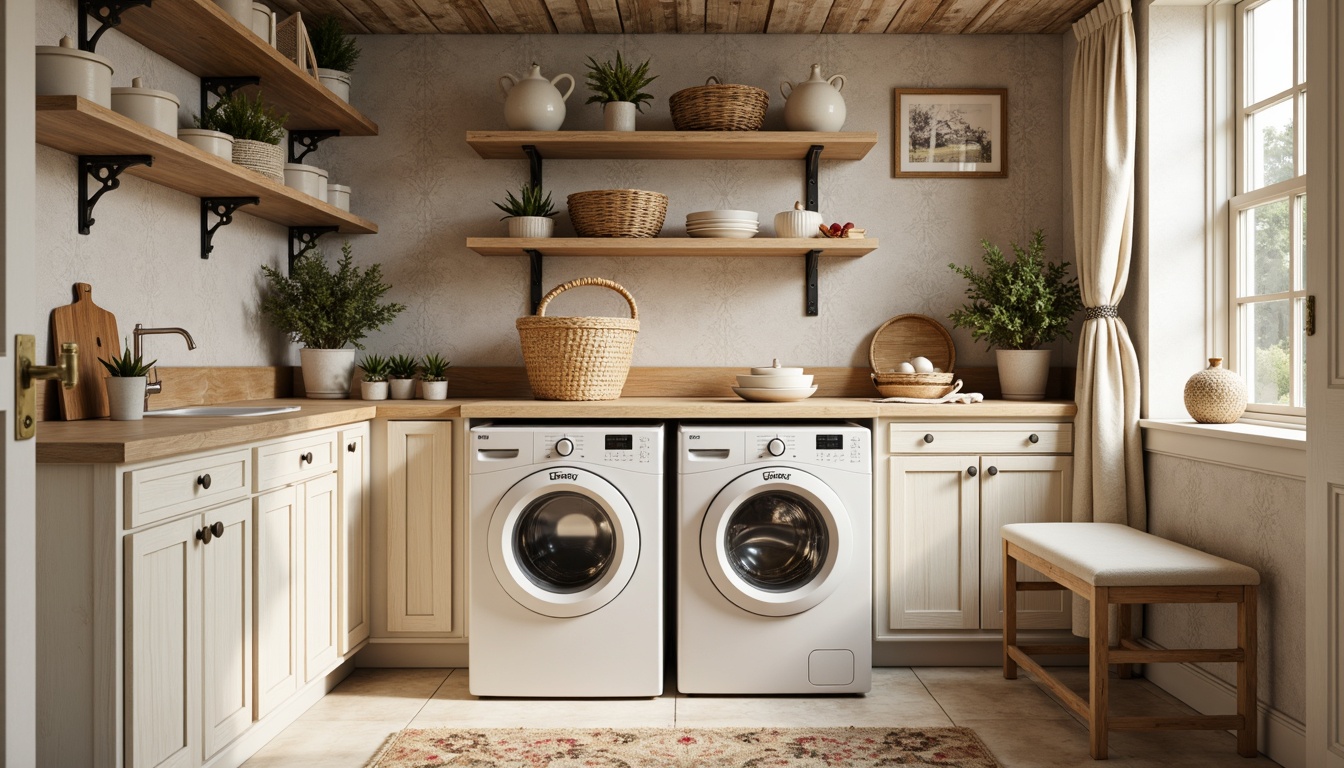 Prompt: Rustic laundry room, distressed wood shelving units, soft creamy whites, warm beige tones, ornate metal brackets, decorative corbels, distressed stone walls, vintage-inspired laundry machines, woven wicker baskets, natural linen fabrics, romantic floral patterns, soft warm lighting, shallow depth of field, 1/1 composition, intimate close-up shots, realistic textures, ambient occlusion.