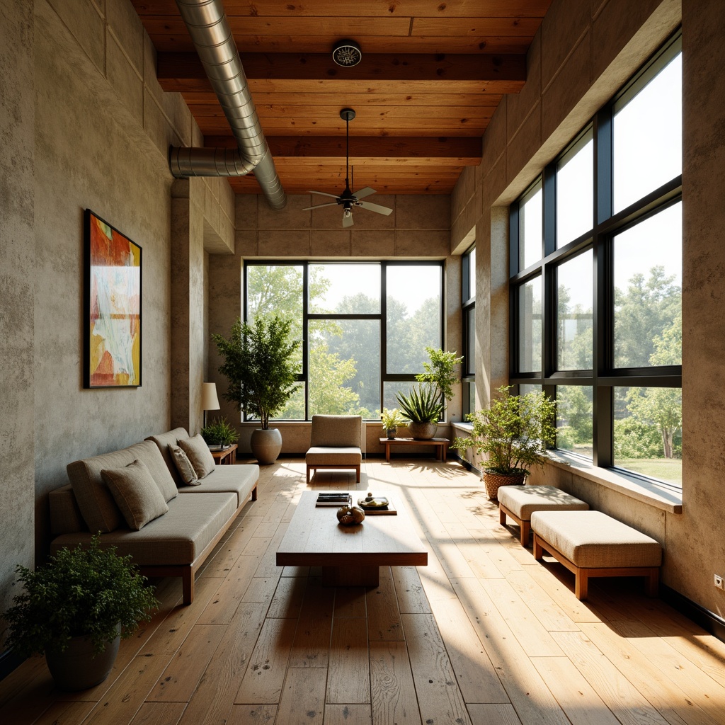 Prompt: Vibrant sunroom, Bauhaus architecture, rectangular windows, geometric patterns, textured surfaces, rough concrete walls, smooth wooden floors, minimalist decor, industrial lighting fixtures, metal beams, exposed ductwork, modern furniture, abstract artwork, natural materials, warm earthy tones, abundant sunlight, shallow depth of field, 1/1 composition, realistic textures, ambient occlusion.