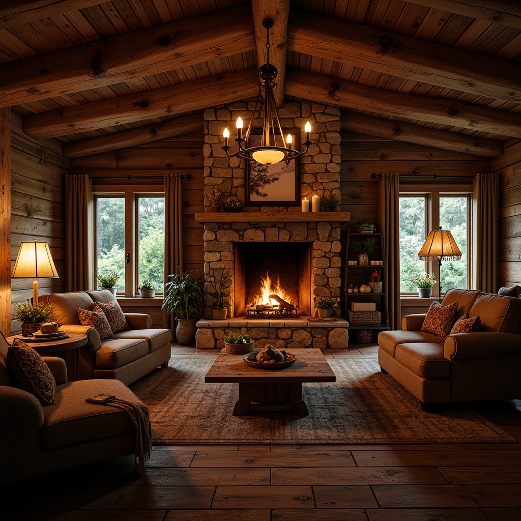 Prompt: Cozy cabin, wooden beams, stone fireplace, vintage furniture, warm earthy tones, soft candlelight, dimmable table lamps, rustic metal chandeliers, Edison bulb fixtures, natural textiles, woven baskets, distressed wood accents, ambient glow, warm color temperature, low-key lighting, 1/1 composition, shallow depth of field, realistic textures, soft shadows.