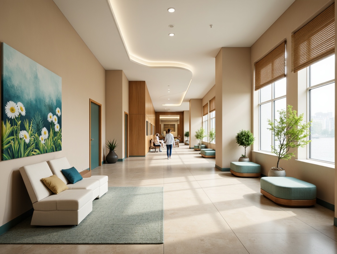 Prompt: Calming healthcare facility, soft beige walls, warm wooden accents, soothing blue-green hues, natural light-filled corridors, comfortable patient rooms, gentle curves, minimal ornamentation, subtle texture contrasts, calming artwork, serene nature-inspired patterns, muted earth tones, soft pastel shades, warm white lighting, cozy reading nooks, peaceful waiting areas, organic shapes, non-institutional design, human-centered approach, stress-reducing ambiance, restorative atmosphere.