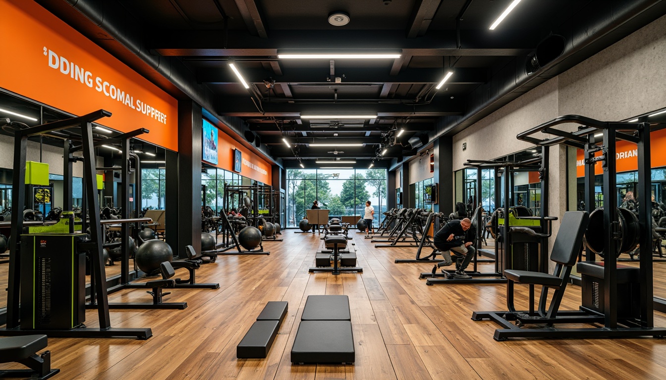 Prompt: Modern gym interior, bold industrial equipment, metallic accents, matte black machines, neon green highlights, vibrant orange signage, motivational quotes, wooden flooring, concrete walls, large mirrors, energetic atmosphere, high-contrast lighting, shallow depth of field, 2/3 composition, realistic textures, ambient occlusion.