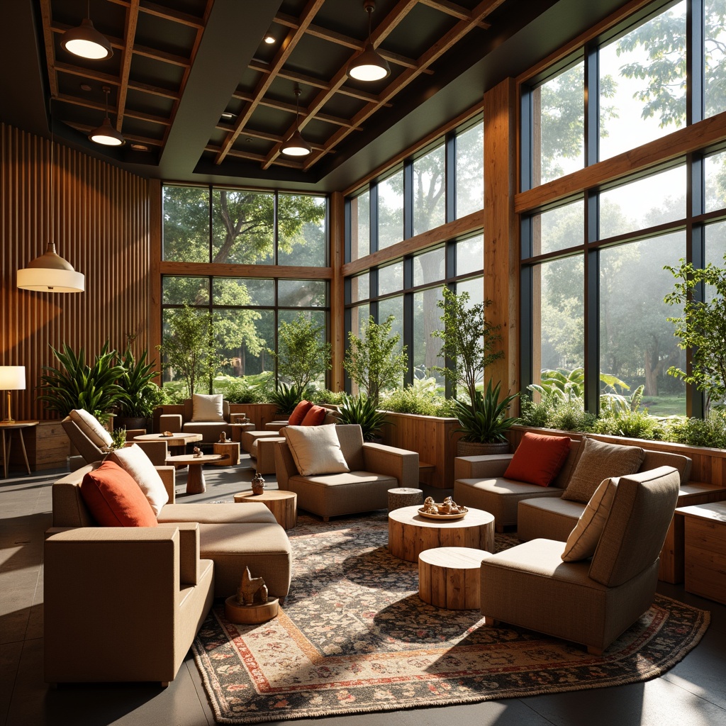 Prompt: Cozy student lounge, warm soft lighting, modern pendant lamps, wooden accent walls, comfortable sofas, vibrant colored throw pillows, rustic coffee tables, natural fiber rugs, earthy tone decorations, floor-to-ceiling windows, abundance of greenery, sunny afternoon, shallow depth of field, 1/1 composition, realistic textures, ambient occlusion.