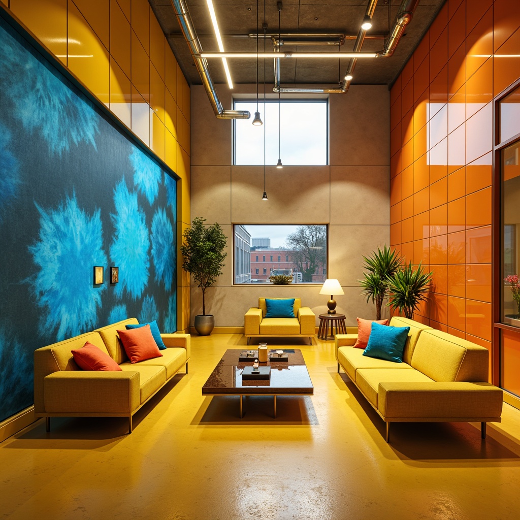 Prompt: Vibrant interior, bold color palette, bright yellow accents, deep blue undertones, energetic orange hues, neutral beige backgrounds, abstract geometric patterns, sleek modern furniture, metallic silver highlights, LED lighting installations, dynamic shadow effects, high-contrast ambiance, futuristic atmosphere, 1/1 composition, sharp focus, dramatic depth of field.